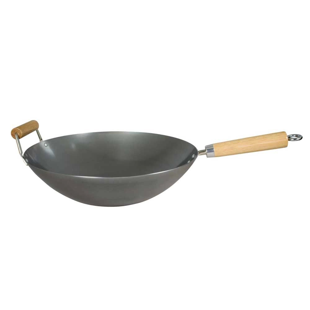 Premium Dexam 14-Inch Carbon Steel Wok Pan - Professional Restaurant-Grade Chinese Stir Fry Pan with Wooden Handle - Perfect for High Heat Stir Frying, Searing & Asian Cooking at Home