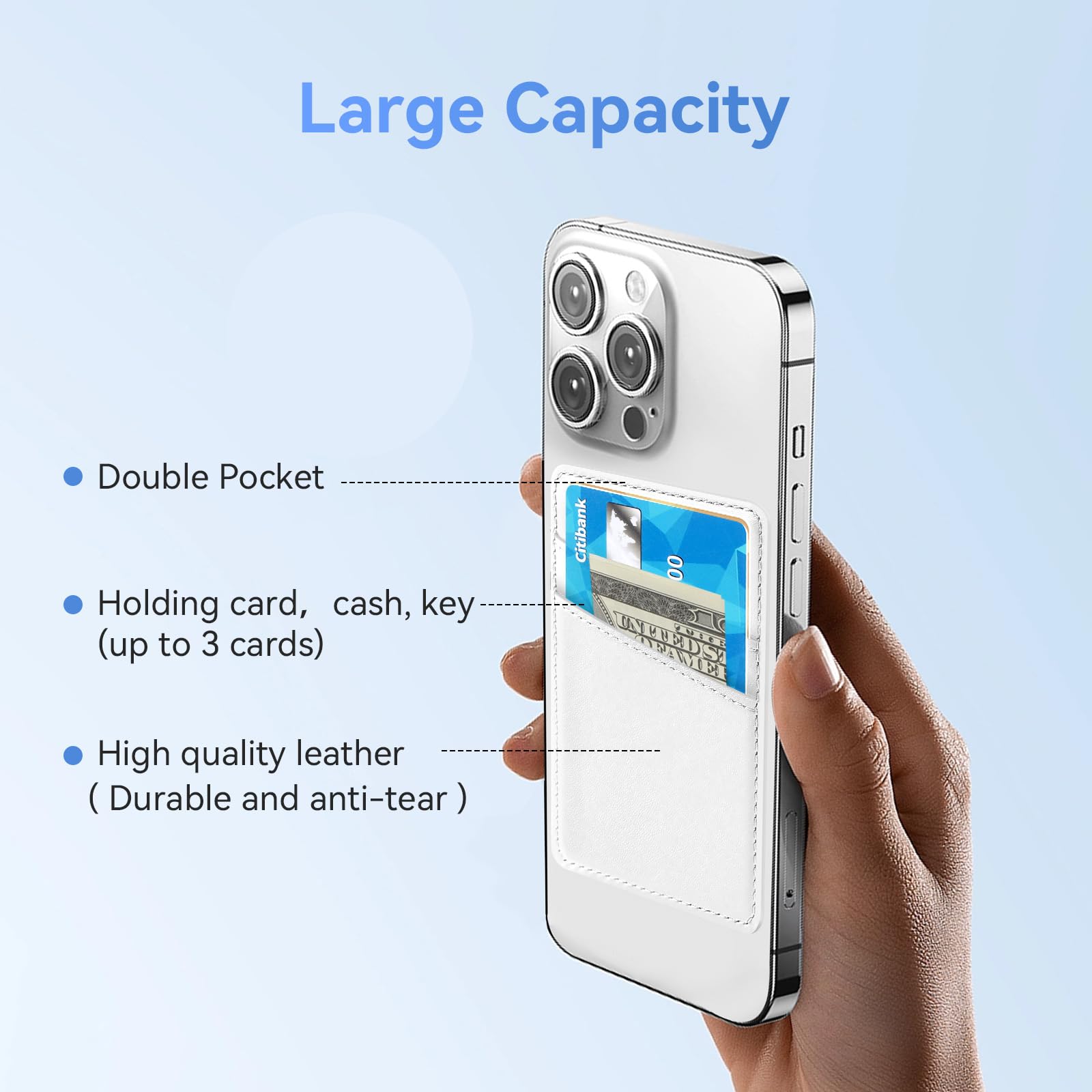 Magnetic Leather Wallet for iPhone 15/14/13/12 Series - Ultra Thin Magsafe Card Holder with 2 Independent Slots (White) | Perfect for Everyday Use, Travel & Contactless Payments