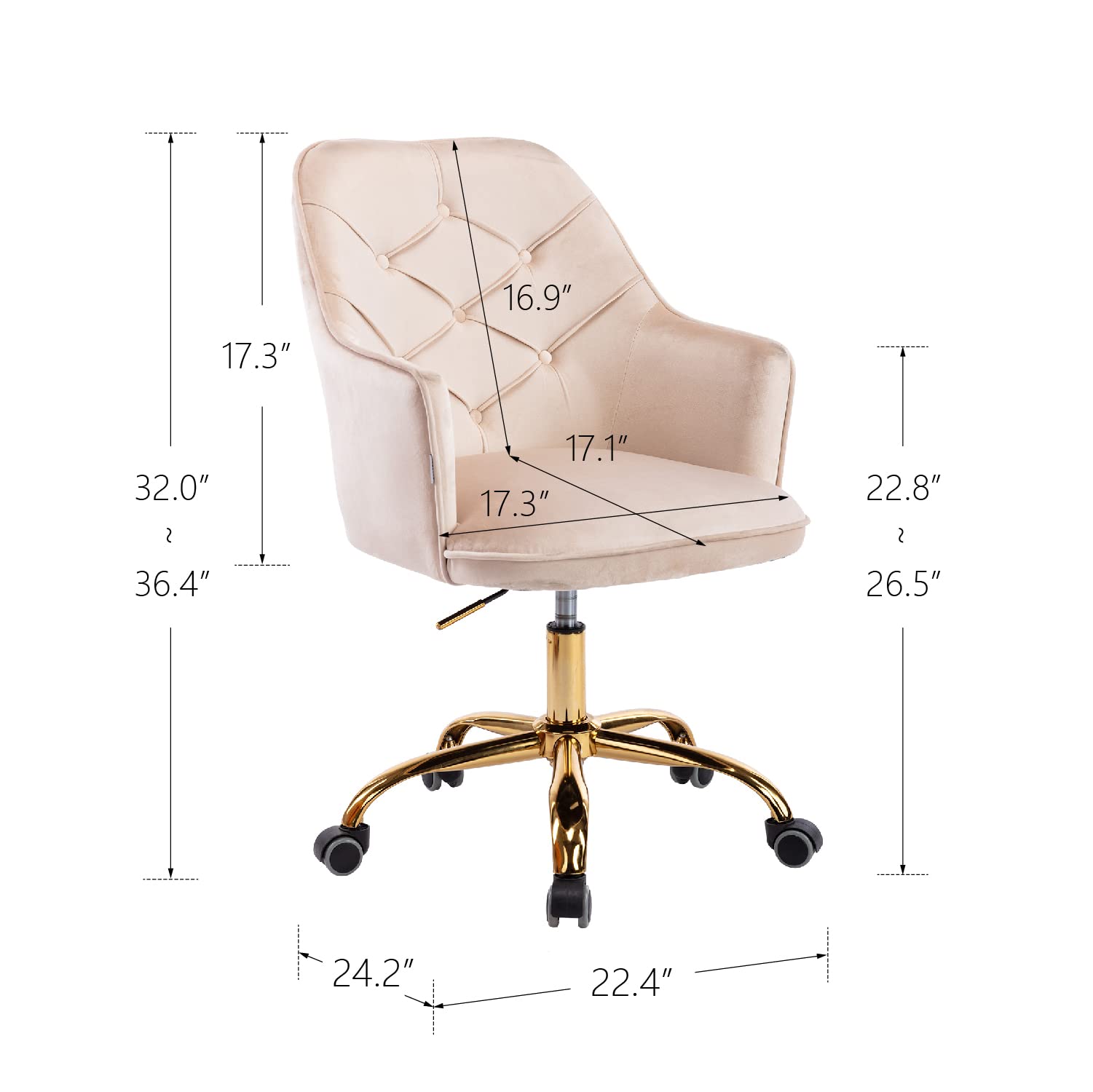 Luxury Velvet Office Chair with Tufted Back - Adjustable Swivel Desk Chair with Golden Metal Base for Home Office, Bedroom & Living Room - Perfect for Work, Study & Relaxation