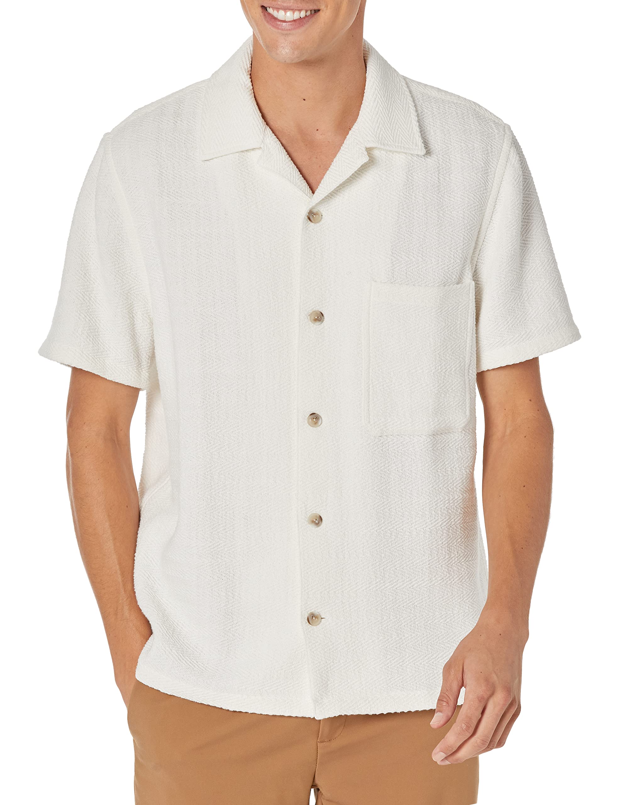 Vince Men's Textured Herringbone Short Sleeve Shirt | Casual Button Down Top for Business & Weekend Wear