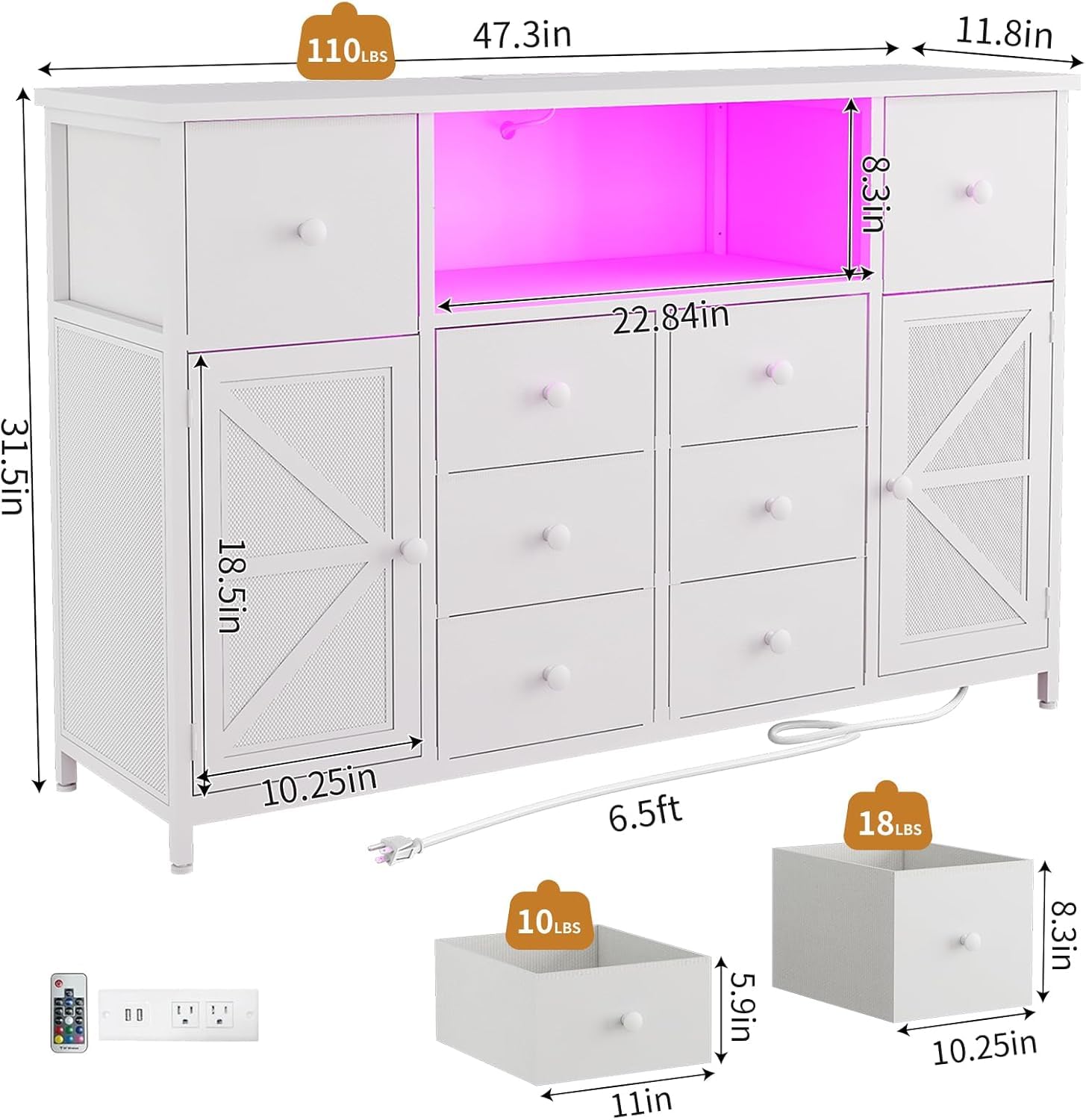 White Dresser with Charging Station & LED Lights - 8 Fabric Drawers & 2 Doors Bedroom Chest - Modern Storage Dresser for Bedroom, Living Room, Nursery - Perfect as TV Stand, Closet Organizer & Nightstand Alternative