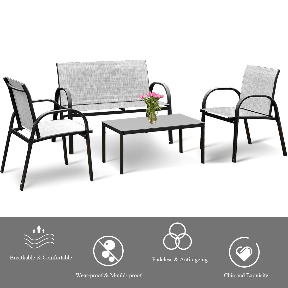 4-Piece Modern Patio Furniture Set with Metal Frame, Loveseat & Tempered Glass Table - Outdoor Conversation Set for Yard, Garden, Poolside, Backyard (Grey) HY-022 | Perfect for Relaxing, Entertaining & Outdoor Dining