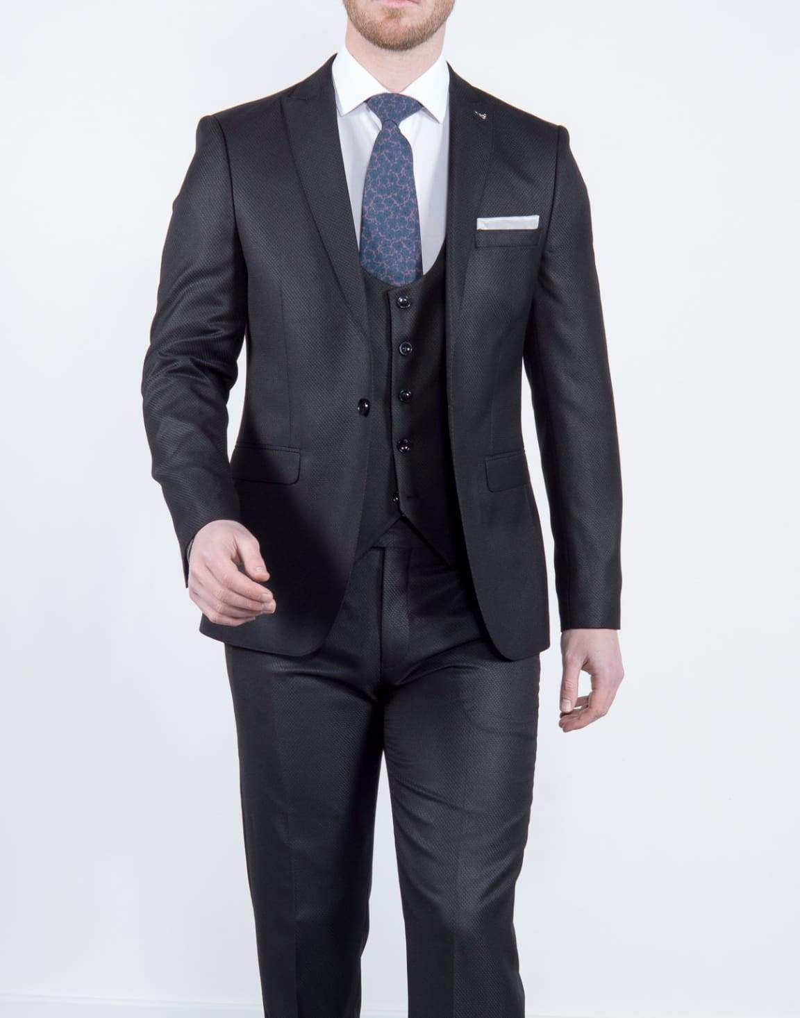 Bond Men's 3 Piece Slim Fit Black Textured Suit - Premium Wedding, Business & Formal Occasion Outfit