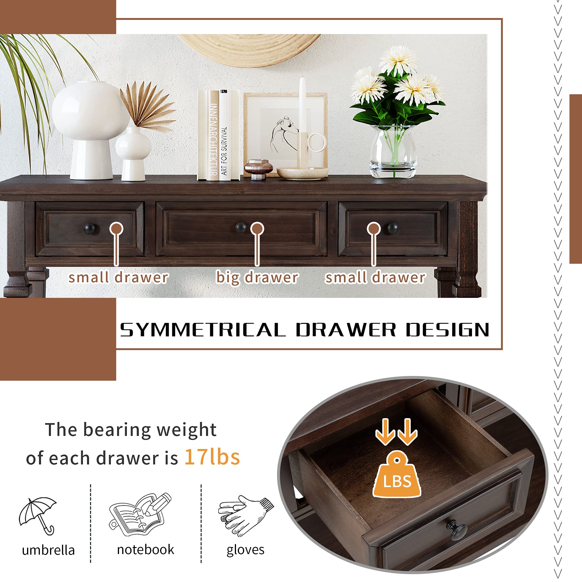 Harper & Bright Designs Retro Espresso Console Table with 3 Drawers & Open Shelf - Classic Entryway Table for Living Room, Hallway, Bedroom - Perfect for Home Decor & Small Space Storage
