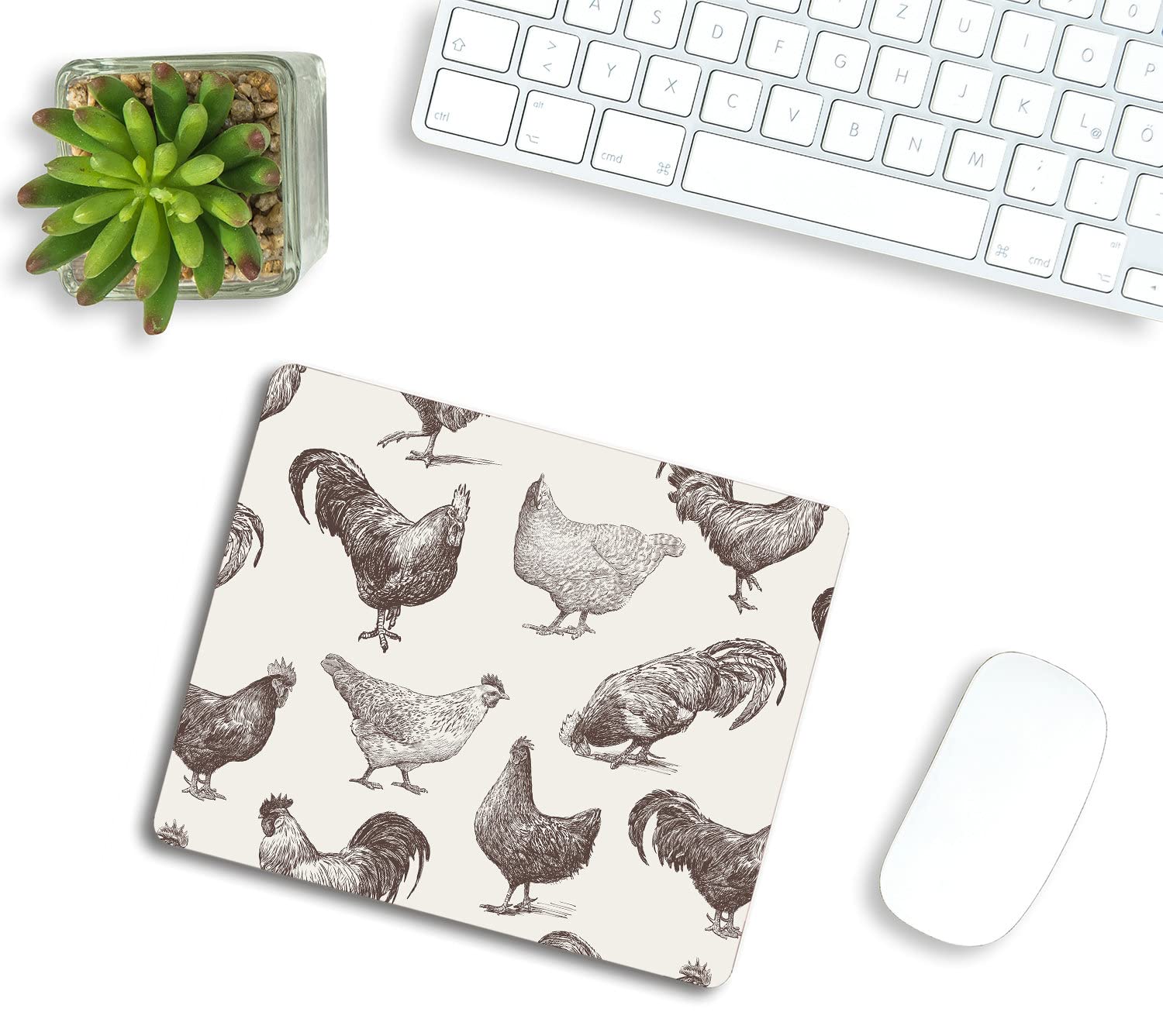 Chicken and Rooster Sketch Mouse Pad - Washable Square Cloth Mousepad with Non-Slip Rubber Base for Office, Laptop, Wireless Mouse | Perfect for Home, Office & Gaming Desks