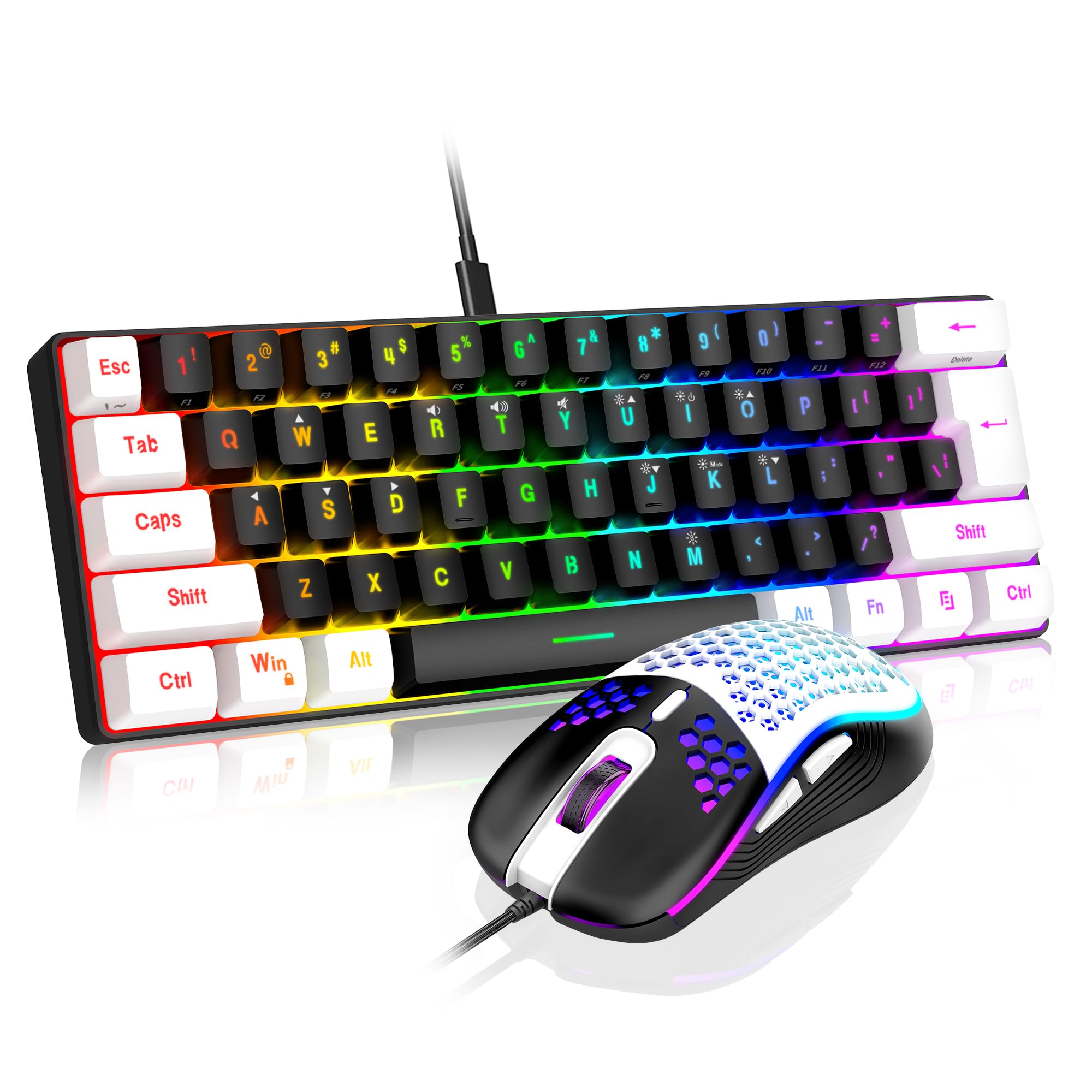 RedThunder 60% Mechanical Gaming Keyboard and Mouse Combo - 61-Key RGB Backlit Compact Keyboard with 7200 DPI Honeycomb Optical Mouse - Wired RGB Gaming Set for PC, PS5, Xbox (Black-White) - Perfect for Esports, Streaming & Office Work