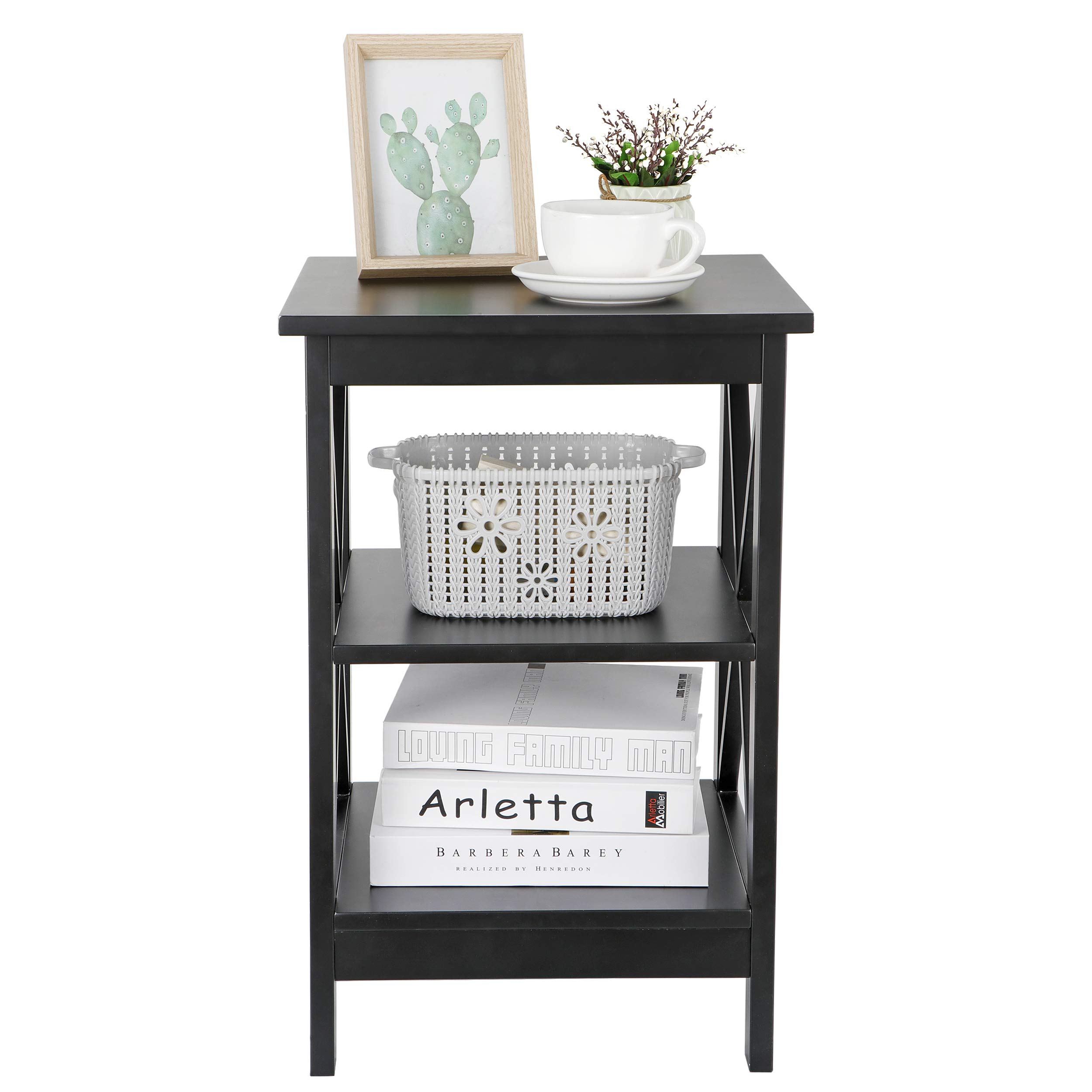 3-Tier Wooden X-Design End Table with Storage Shelves - Living Room Side Table, Bedroom Nightstand, Office & Yard Furniture for Home Decor