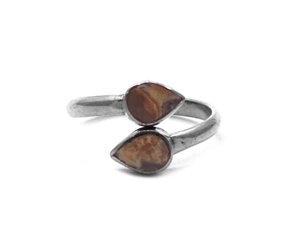 Mini Teardrop Double Leaf Healing Gemstone Crystal Silver Adjustable Ring - Handmade Boho Jewelry for Women | Perfect for Meditation, Yoga & Spiritual Healing