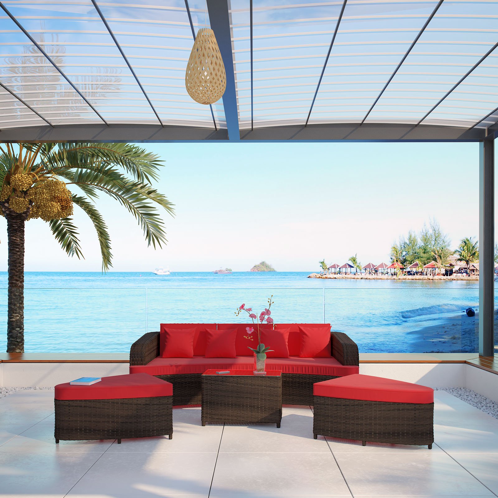 Modern Outdoor Sofa Set - Waterproof Red Patio Furniture for Garden, Backyard, Poolside - 3-Piece Conversation Set with All-Weather Cushions