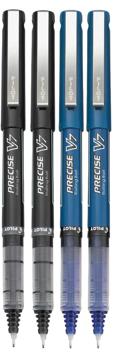V7 Precise Rolling Ball Pens - Fine Point 0.7mm - 4-Pack with Black & Blue Ink - Includes Reusable Plastic Pouch - Perfect for Office Work, School Notes, Journaling & Gift Giving