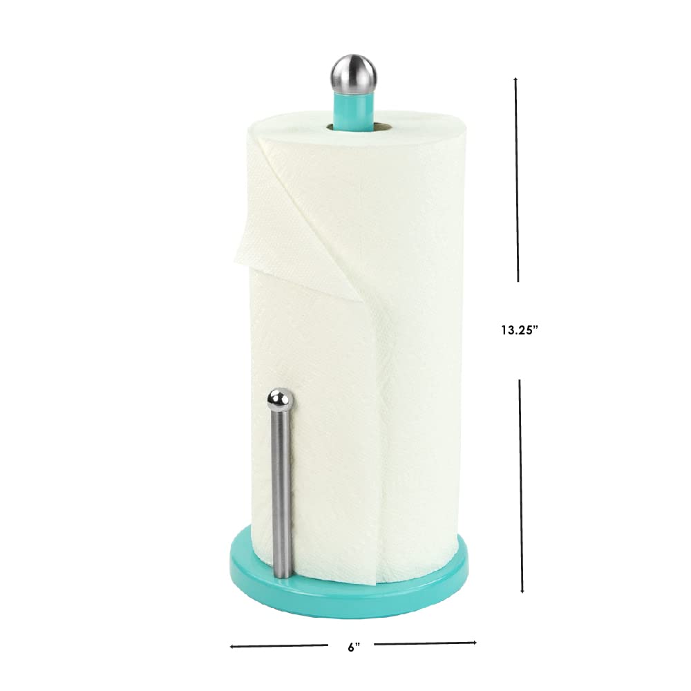 Sturdy Steel Paper Towel Holder by Home Basics (Turquoise) - Standing Kitchen & Bathroom Towel Roll Holder with Weighted Base & Easy-Tear Arm - Countertop Organizer for Easy Access & Mess-Free Cleaning