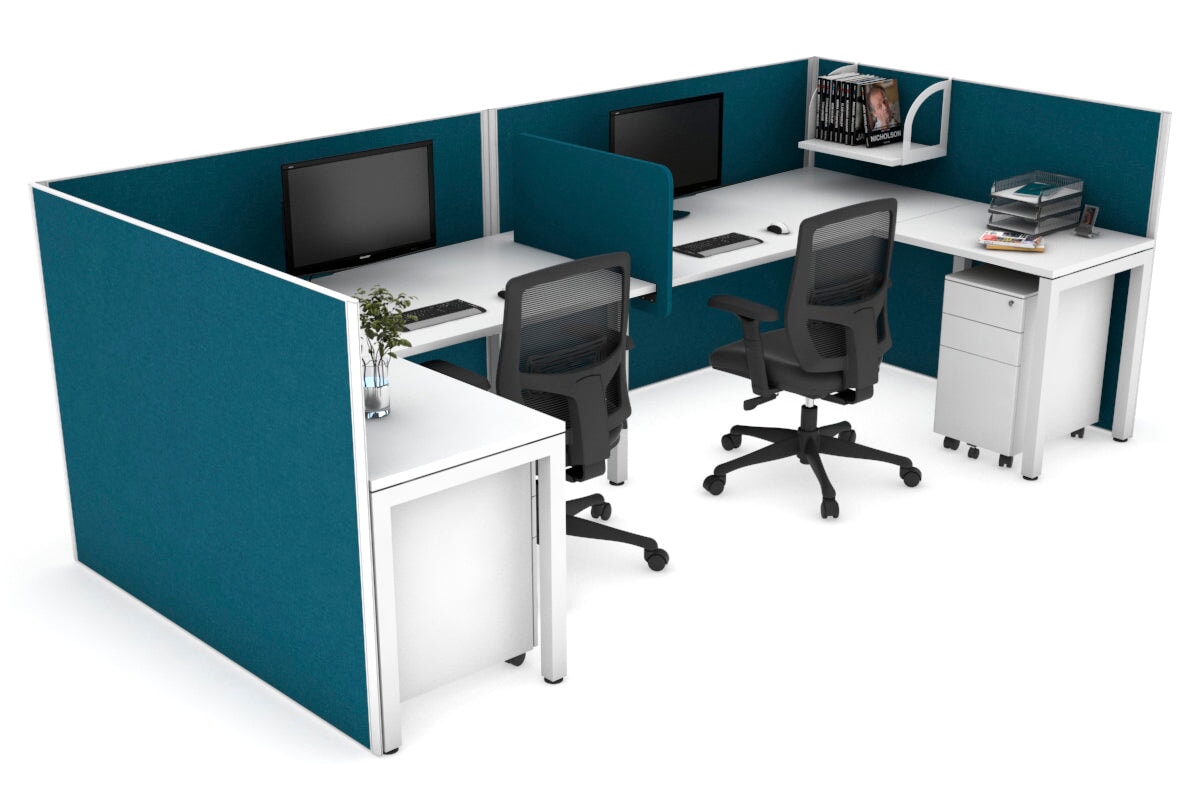 Quadro Square Legs 2-Person Corner Workstation - U-Shaped Office Desk with White Frame (1400L x 1800W) | Cable Management Scallop | Perfect for Home Office & Small Business Workspaces