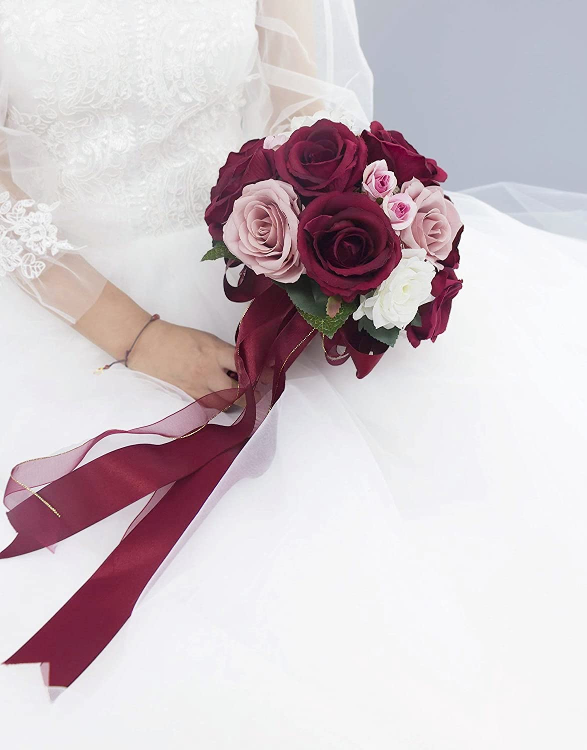 9-Inch Real Touch Burgundy & Dusty Rose Bouquet with Blush Pink White Roses - Premium Artificial Wedding Flowers for Bridal Bouquets, Centerpieces & Home Decor