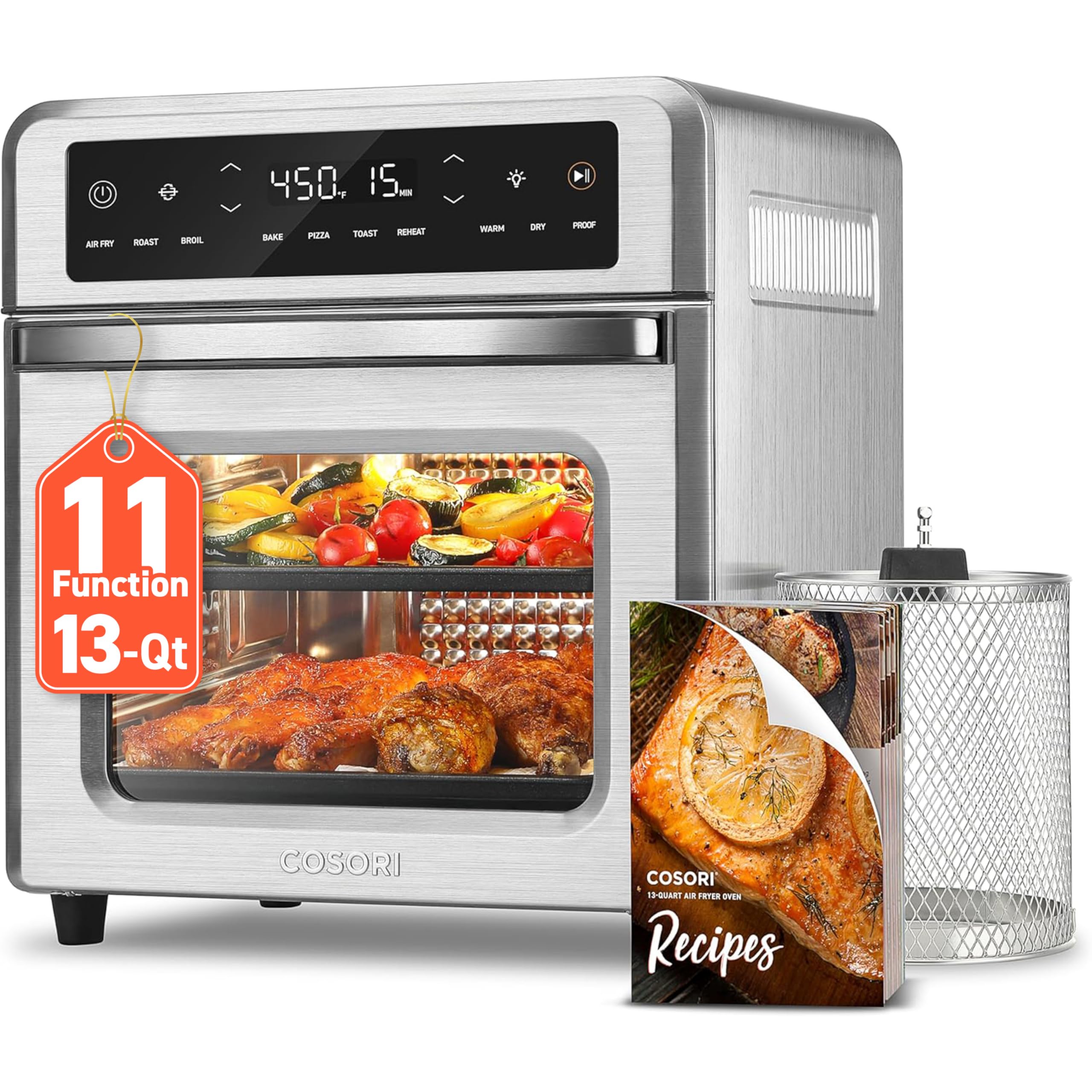 COSORI 11-in-1 Air Fryer Oven Toaster Combo, 13Qt Compact Countertop Convection Oven with Rotisserie, Bake, Roast, Toast & Reheat Functions - Includes Recipe Book & 6 Accessories - Perfect for Small Kitchens, Dorms, RVs & Healthy Cooking