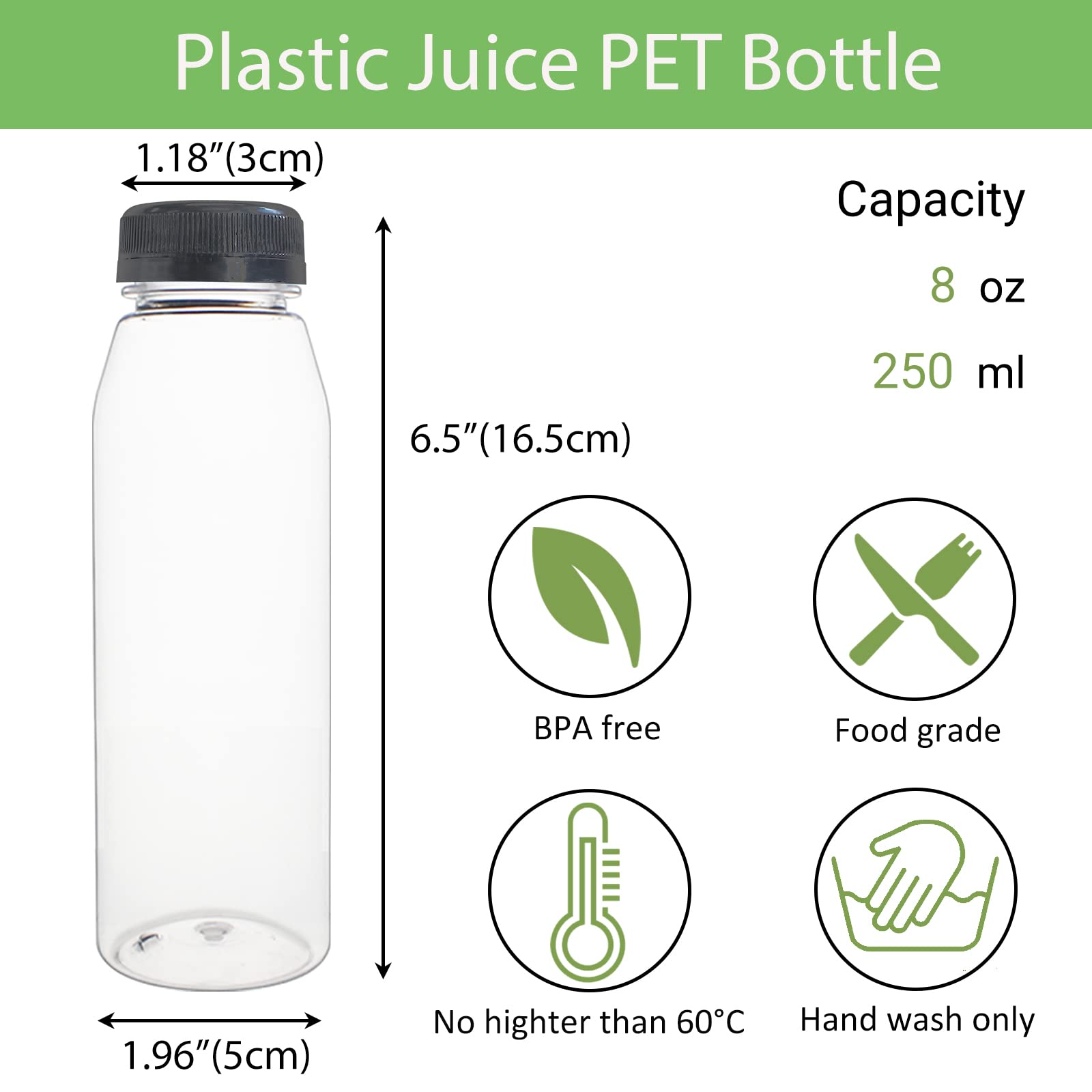 24 Pack 8oz (250ml) Clear PET Plastic Juice Bottles with Tamper Evident Lids - Bulk Beverage Containers for Smoothies, Milk, Homemade Drinks - Perfect for Juice Bars, Coffee Shops & Meal Prep Storage