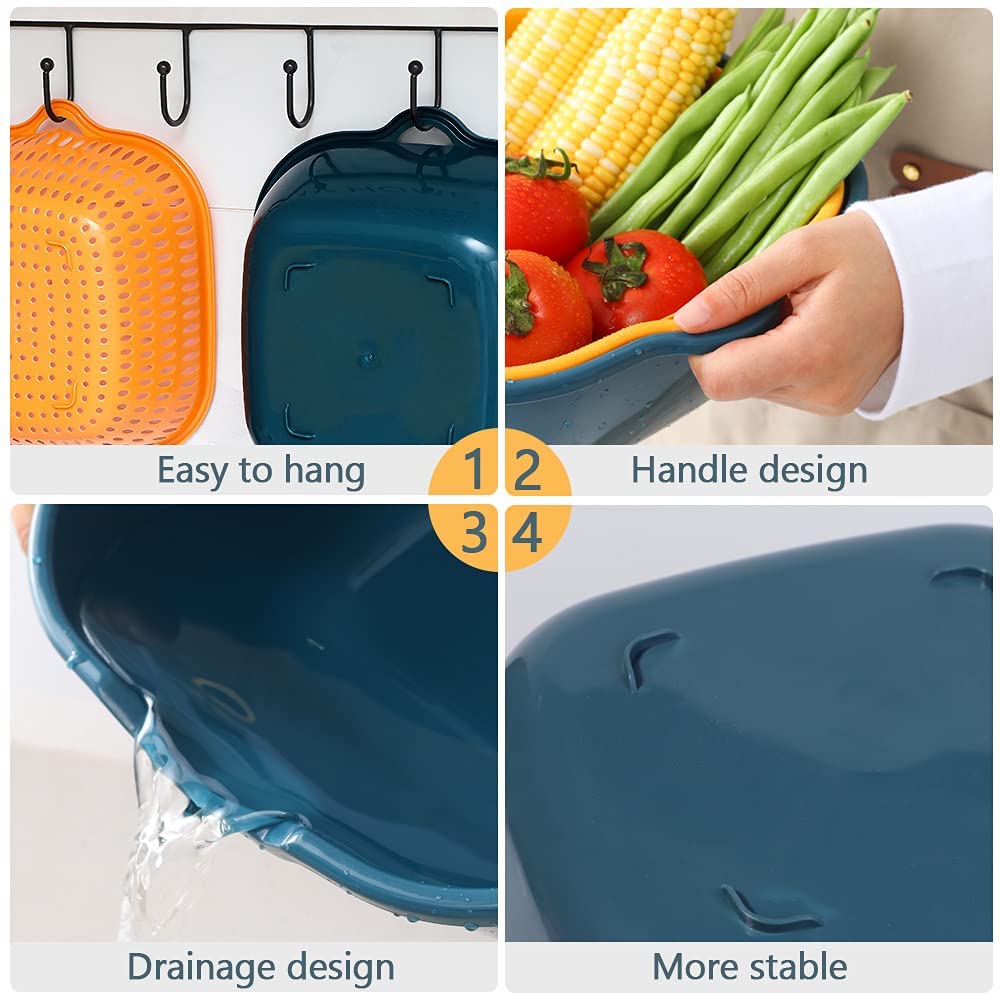 Stackable Multi-Layer Vegetable & Fruit Washing Basket Set - Kitchen Colander Strainer for Washing Produce (Blue & Yellow) - Perfect for Meal Prep, Salad Making & Organizing Fresh Fruits/Veggies