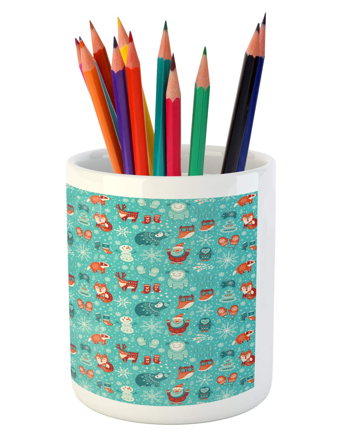Ambesonne Winter Ceramic Pencil Holder - Santa Fox Deer Yeti Owl Cartoon Design, 3.6