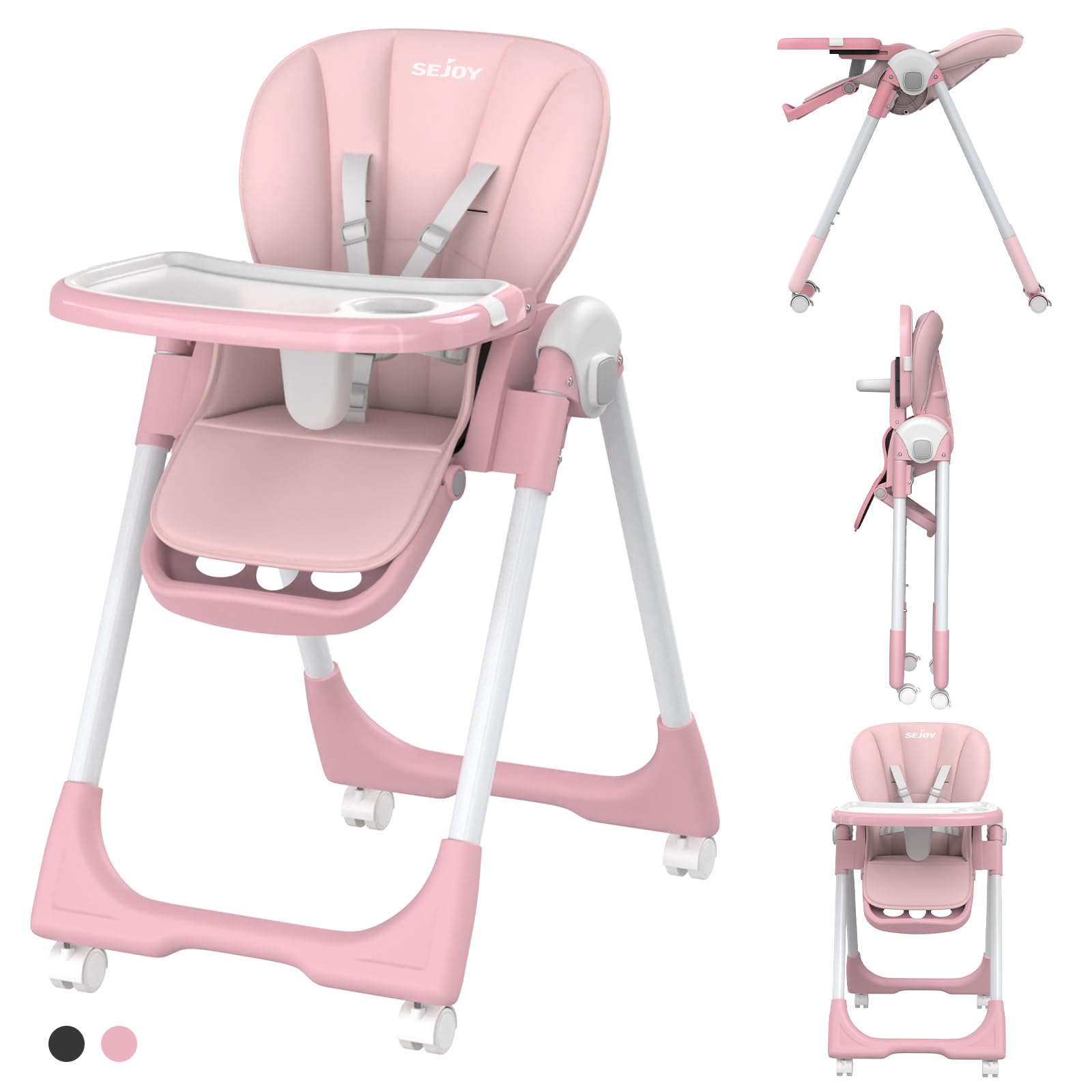**Baby High Chair with 4 Wheels for Infants & Toddlers (6 Months-6 Years) – Adjustable Height, Removable Dishwasher-Safe Tray, 110 LBS Weight Limit – Perfect for Dining, Feeding & Playtime (Pink)**