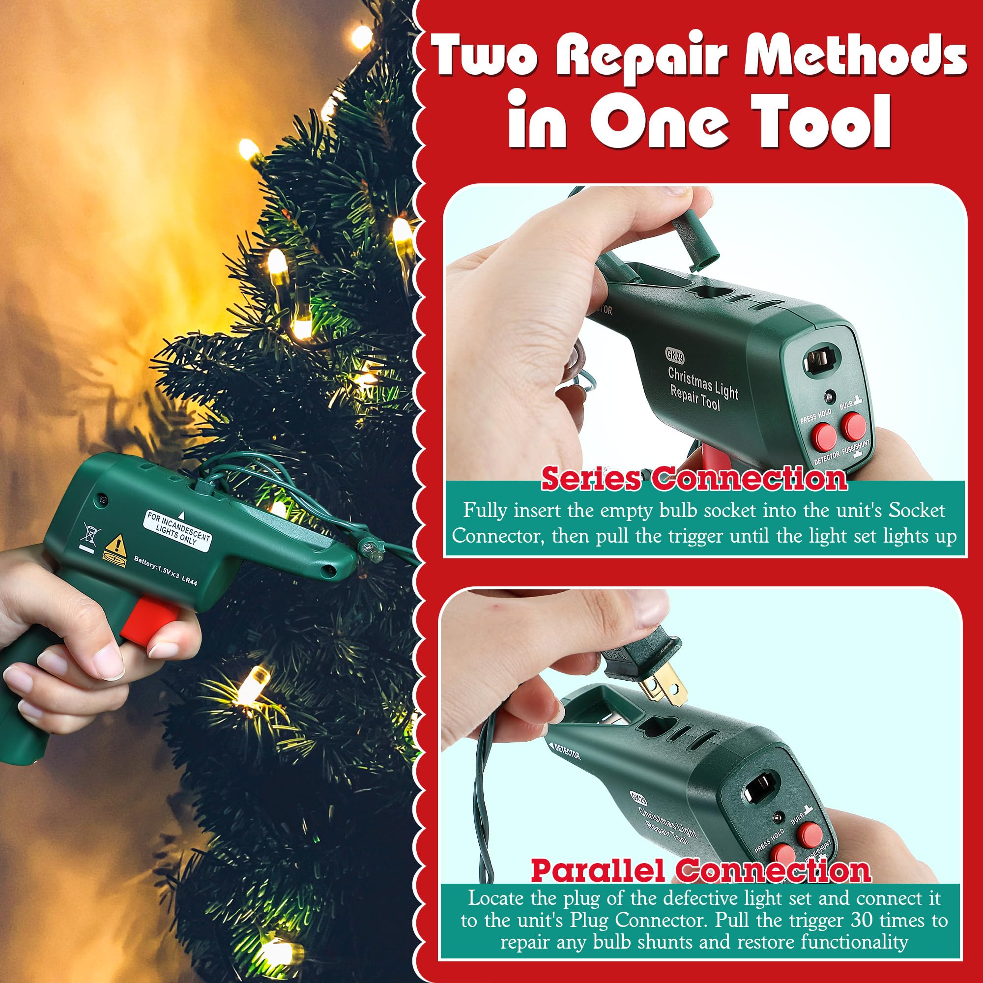 Christmas Light Repair Kit with 40 Replacement Bulbs - Incandescent String Light Tester & Fixing Tool for Holiday Decorations | Perfect for Indoor/Outdoor Christmas Tree, Home, and Yard Decor