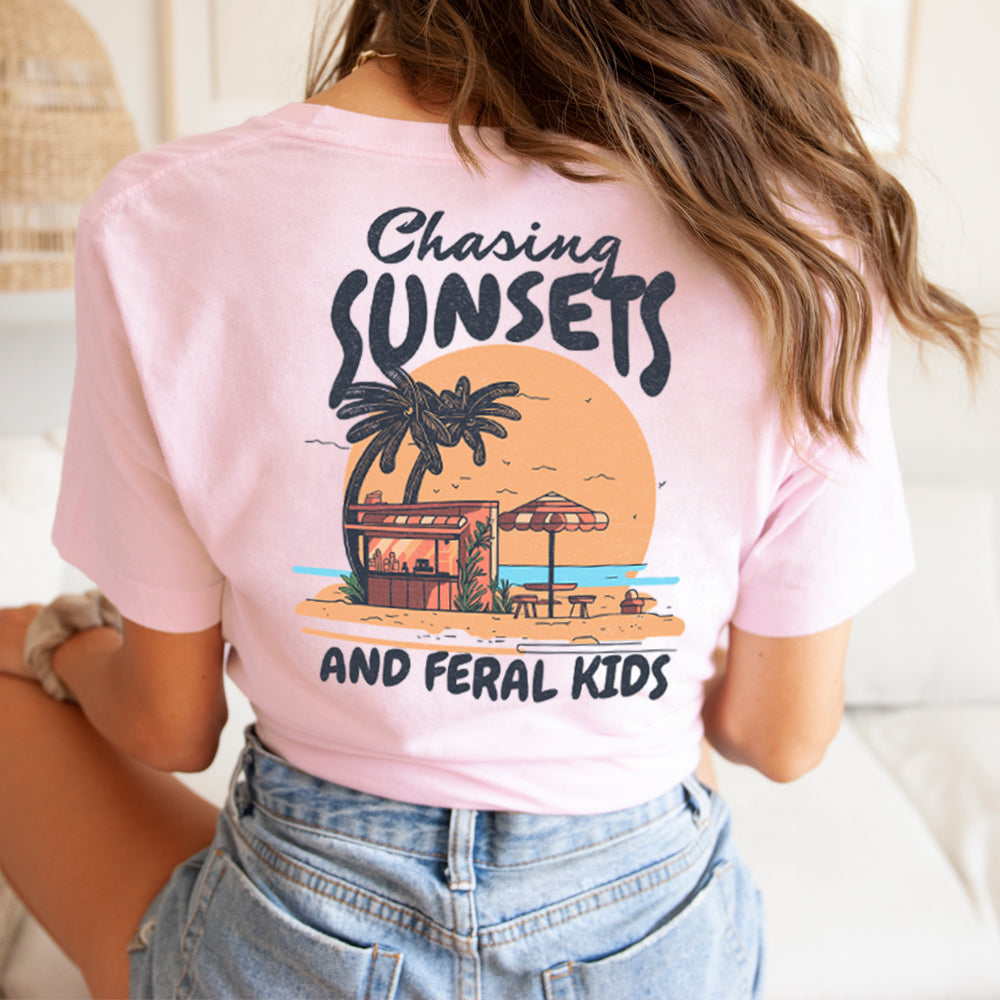 Chasing Sunsets & Feral Kids Graphic Back Print T-Shirt - Trendy Vintage Style Tee for Casual Wear, Street Fashion, and Music Festivals