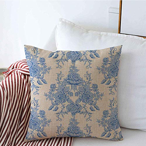 French Vintage Blue Floral Cotton Linen Throw Pillow Covers 16x16 Inch - Delicate Jouy Summer Bouquet Seamless Textures for Sofa, Couch & Bed Decor | Classic Home Accent for Living Room, Bedroom & Nursery