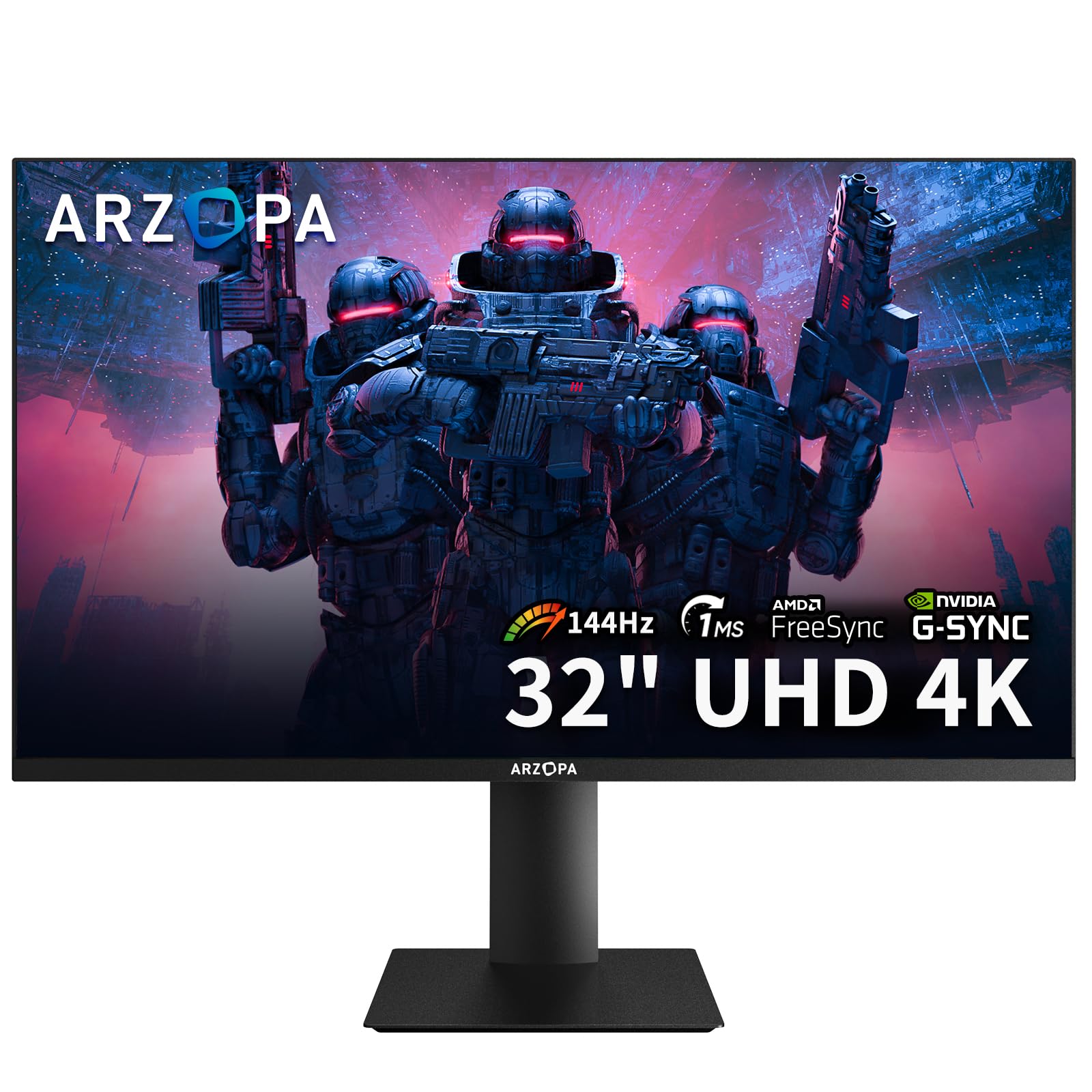 ARZOPA 32 Inch 4K UHD 144Hz Gaming Monitor - 3840x2160 IPS Display, Height Adjustable Stand, VESA Mount, AMD FreeSync & NVIDIA G-Sync Compatible, DP 1.4, HDMI 2.1 - Perfect for PC & Console Gaming, Home Office, and Professional Workstations
