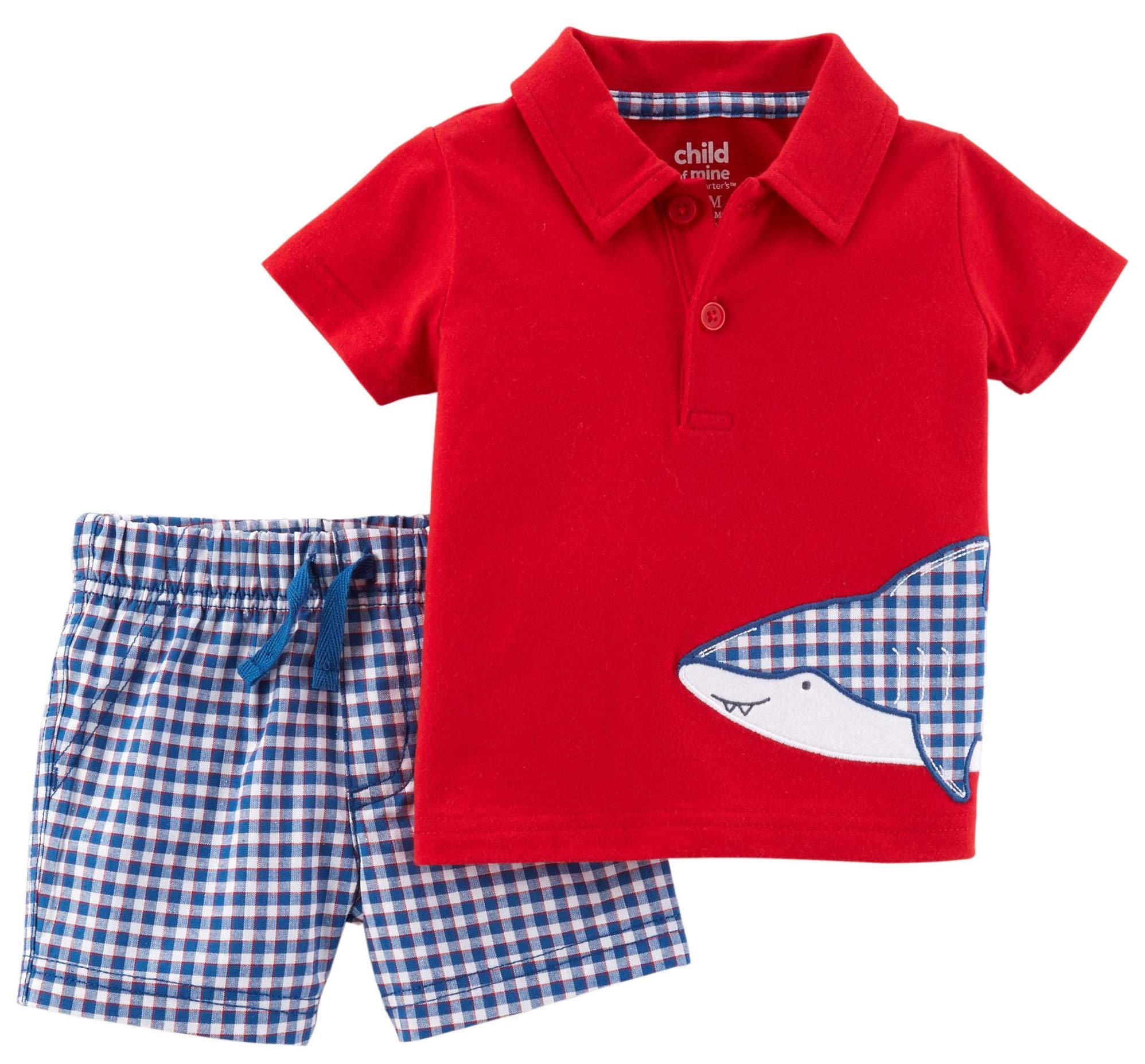 Carter's Child of Mine Shark Print Baby Boys 2-Piece Polo Shirt and Shorts Set - Newborn (Red) - Cute Outfit for Summer Playdates & Photo Shoots