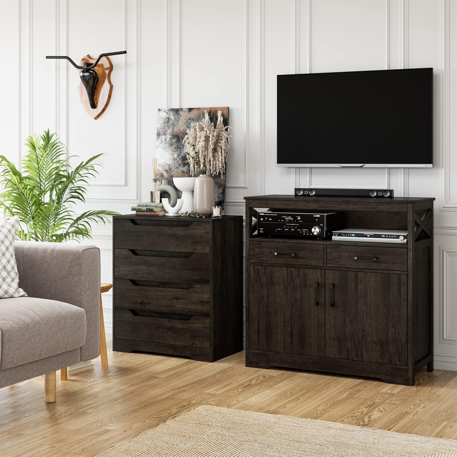 Modern Farmhouse Buffet Sideboard - Wooden Kitchen Storage Cabinet with Shelves, Doors & Drawers - Coffee Bar & Living Room Floor Cupboard - Dark Brown - Perfect for Dining Room Storage, Kitchen Organization & Coffee Station Setup