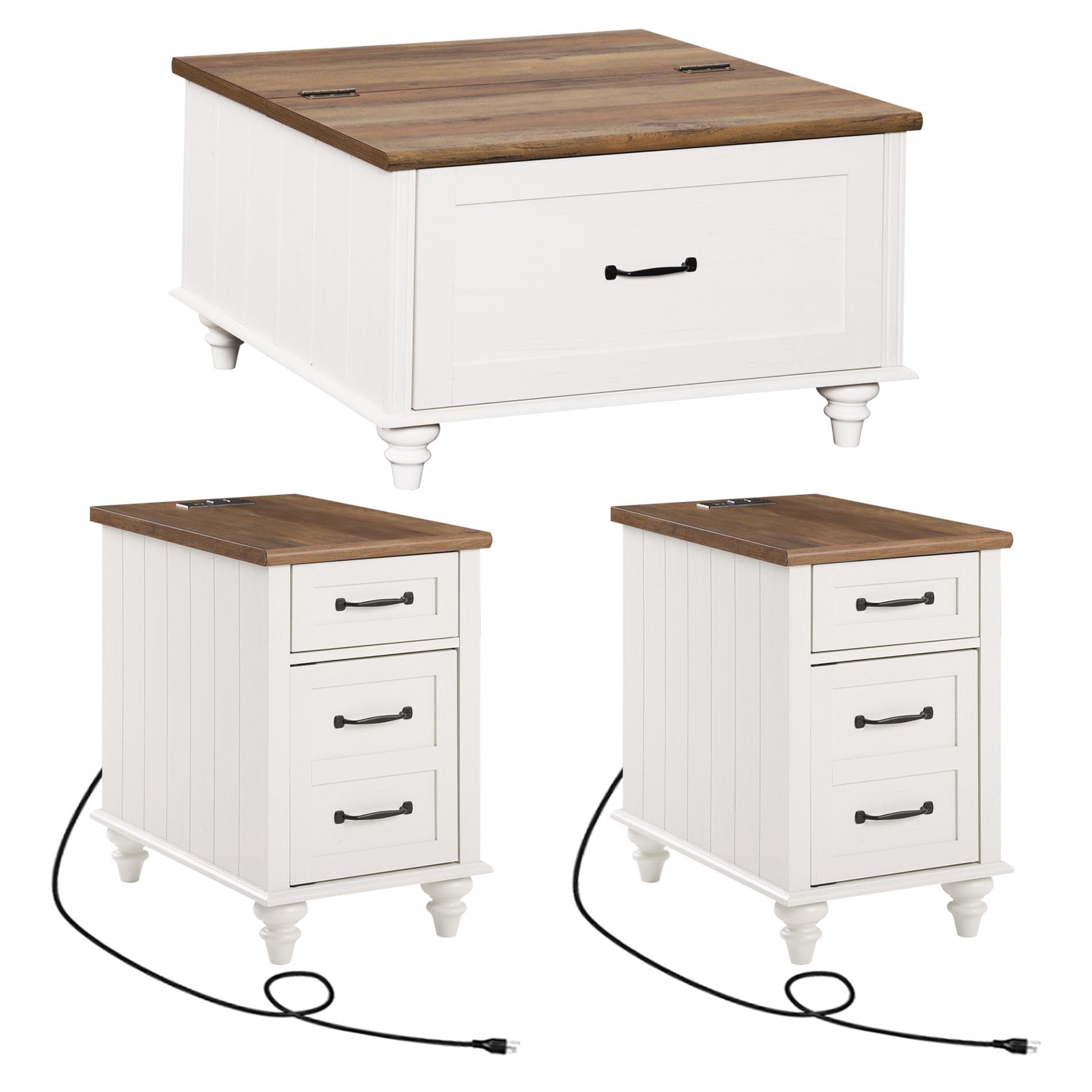 WAMPAT 3-Piece Farmhouse Living Room Table Set - Lift Top Coffee Table with Drawer & 2 End Tables with Charging Station, Off White - Perfect for Small Spaces, Living Room Decor & Nightstand Use