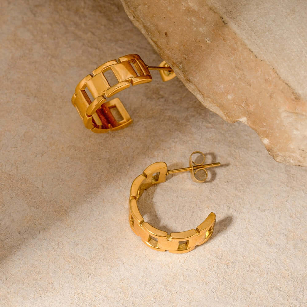 18K Gold Plated C Hoop Earrings for Women - Classic Elegant Watchband Design Jewelry Gift | Perfect for Everyday Wear, Office, Parties & Special Occasions