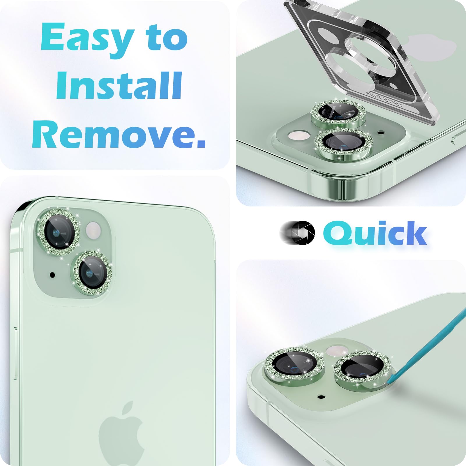**iMLuckies iPhone 15 & iPhone 15 Plus Camera Lens Protector - HD Clear Bling Aluminum Alloy Ring, 9H Tempered Glass Back Screen Protector (Glitter Green) - Perfect for Photography, Travel & Everyday Protection**