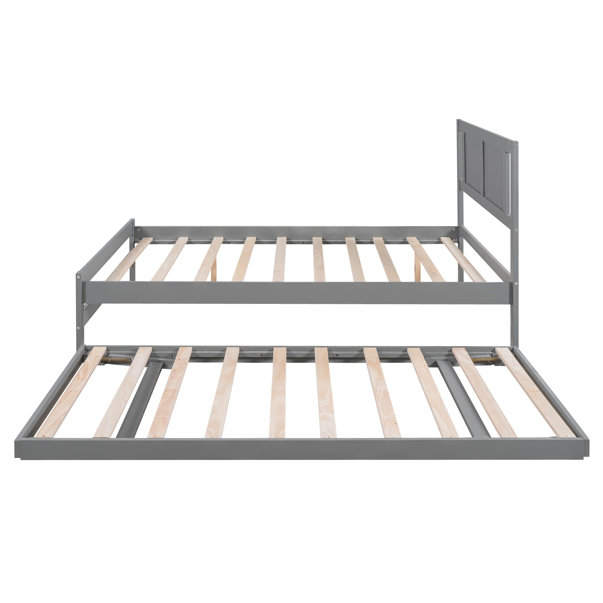 P PURLOVE Full Platform Bed with Adjustable Trundle - Sturdy Wood Bed Frame with Headboard & Slats for Kids, Teens & Adults (Gray) - Space-Saving Design for Small Bedrooms, Guest Rooms & Dormitories - No Box Spring Needed