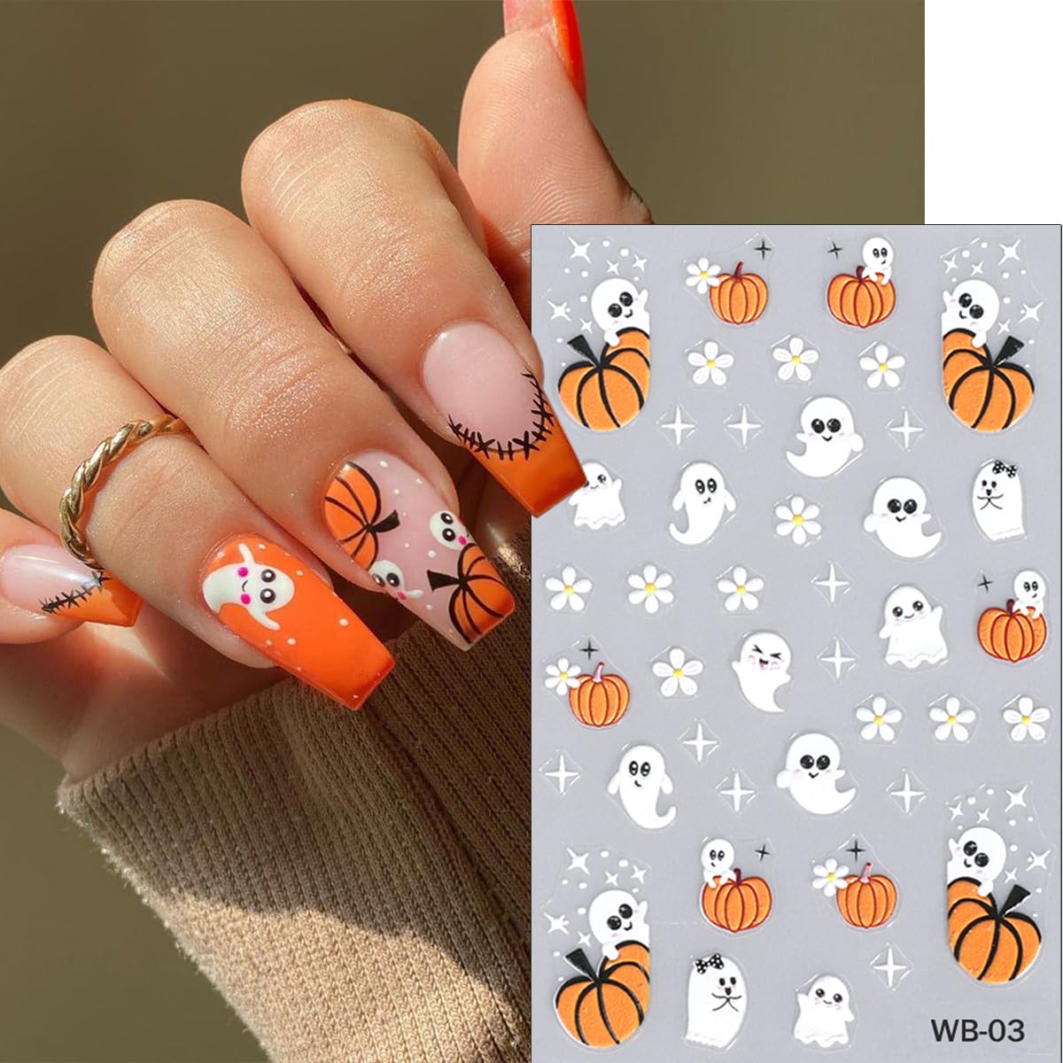 Halloween Nail Stickers - 6 Sheets Cute Ghost, Spider Web, Pumpkin & Mummy Nail Art Decals | Self-Adhesive Nail Designs for Women | DIY Manicure Decorations for Halloween Parties & Costume Events