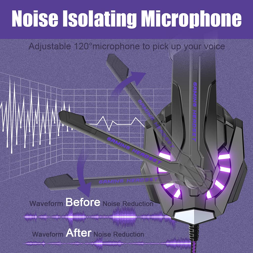 BENGOO G9000 Stereo Gaming Headset with Mic - Noise Cancelling Over-Ear Headphones for PS5, PS4, PC, Xbox One | LED Light, Bass Surround, Soft Memory Earmuffs (Purple) | Perfect for Competitive Gaming & Online Chat