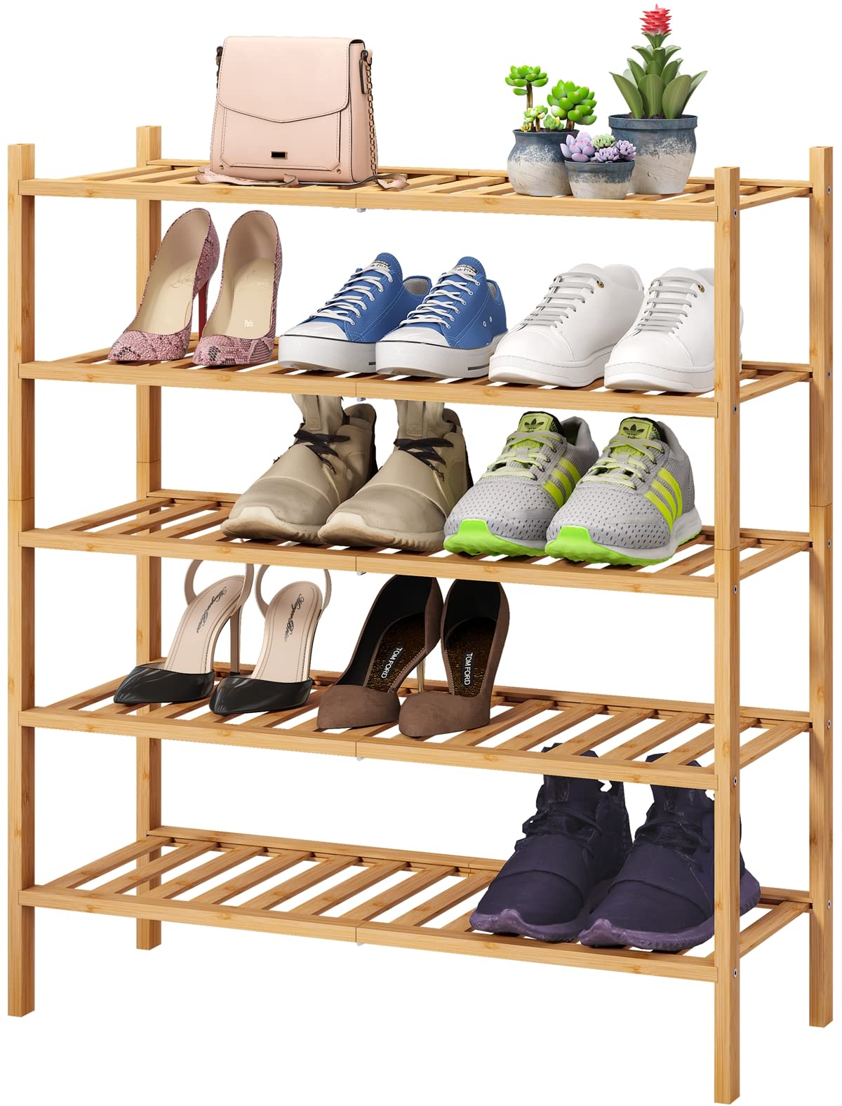 5-Tier Bamboo Shoe Rack - Stackable & Foldable Shoe Organizer for Entryway, Hallway, Closet - Natural Wood Shoe Storage Shelf for Indoor & Outdoor Use - Perfect for Small Spaces, Apartments, Dorm Rooms