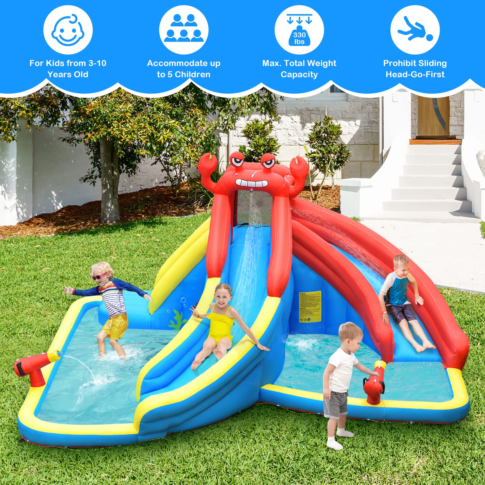 HONEY JOY Inflatable Water Slide with Climbing Wall & 2 Slides - Crab Theme Blow Up Bounce House for Backyard, Outdoor Water Park for Kids & Adults - Perfect for Summer Parties, Birthday Events & Family Fun (Blower Not Included)