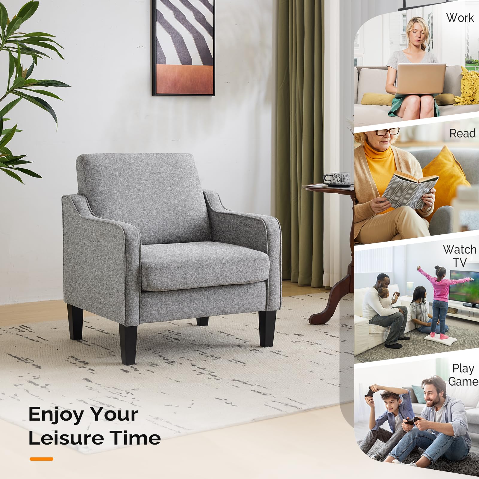 VINGLI Mid Century Modern Accent Chair - Upholstered Armchair with Scooped Arms for Living Room, Bedroom, Apartment, Office | Comfortable Lounge Chair for Reading, Relaxing & Waiting Areas