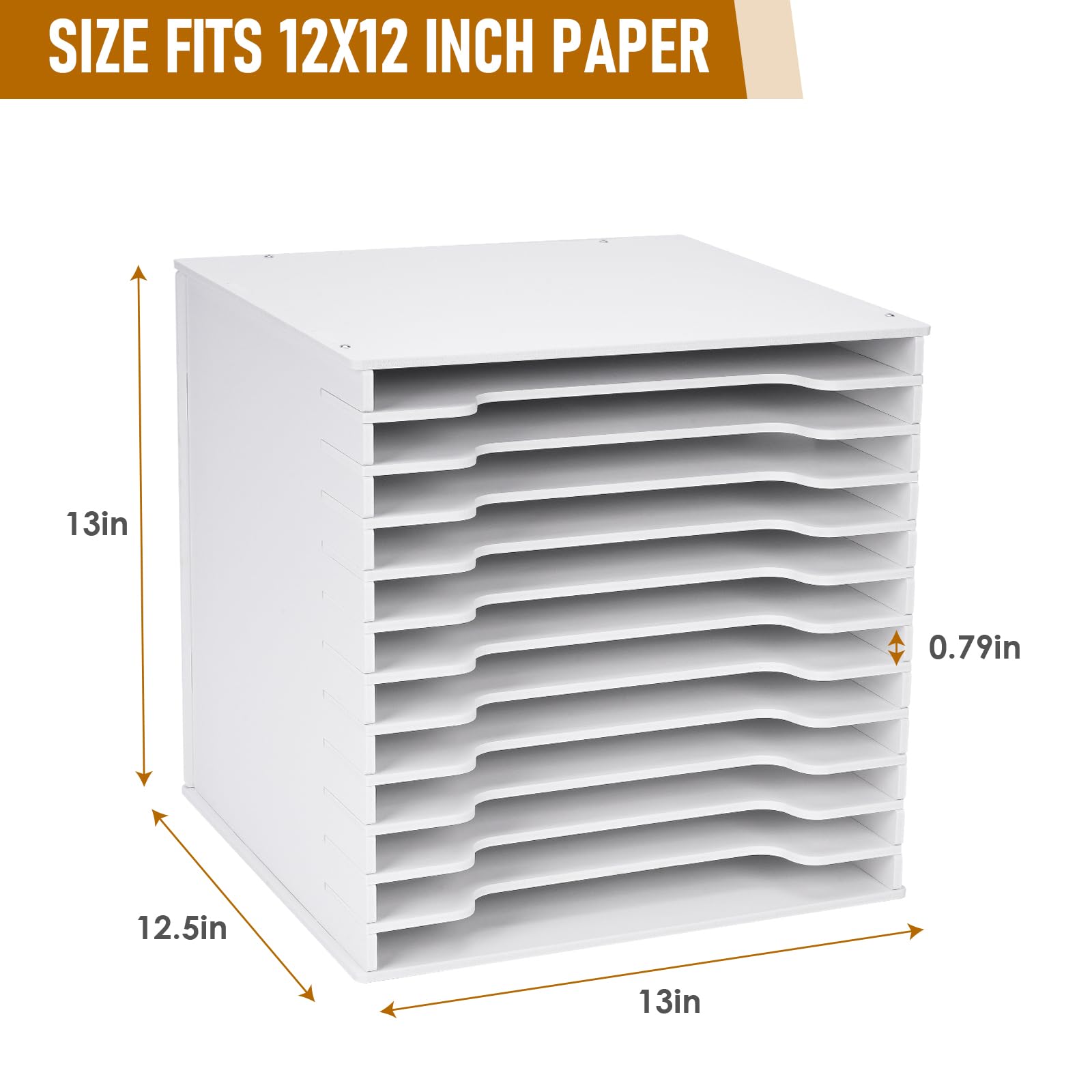 12x12 Scrapbook Paper Organizer - Adjustable 12-Slot Desktop Shelf with Letter Tray, White Paper Storage Rack for Home Office & Craft Room - Perfect for Organizing Scrapbooking Supplies, Office Files, and Stationery