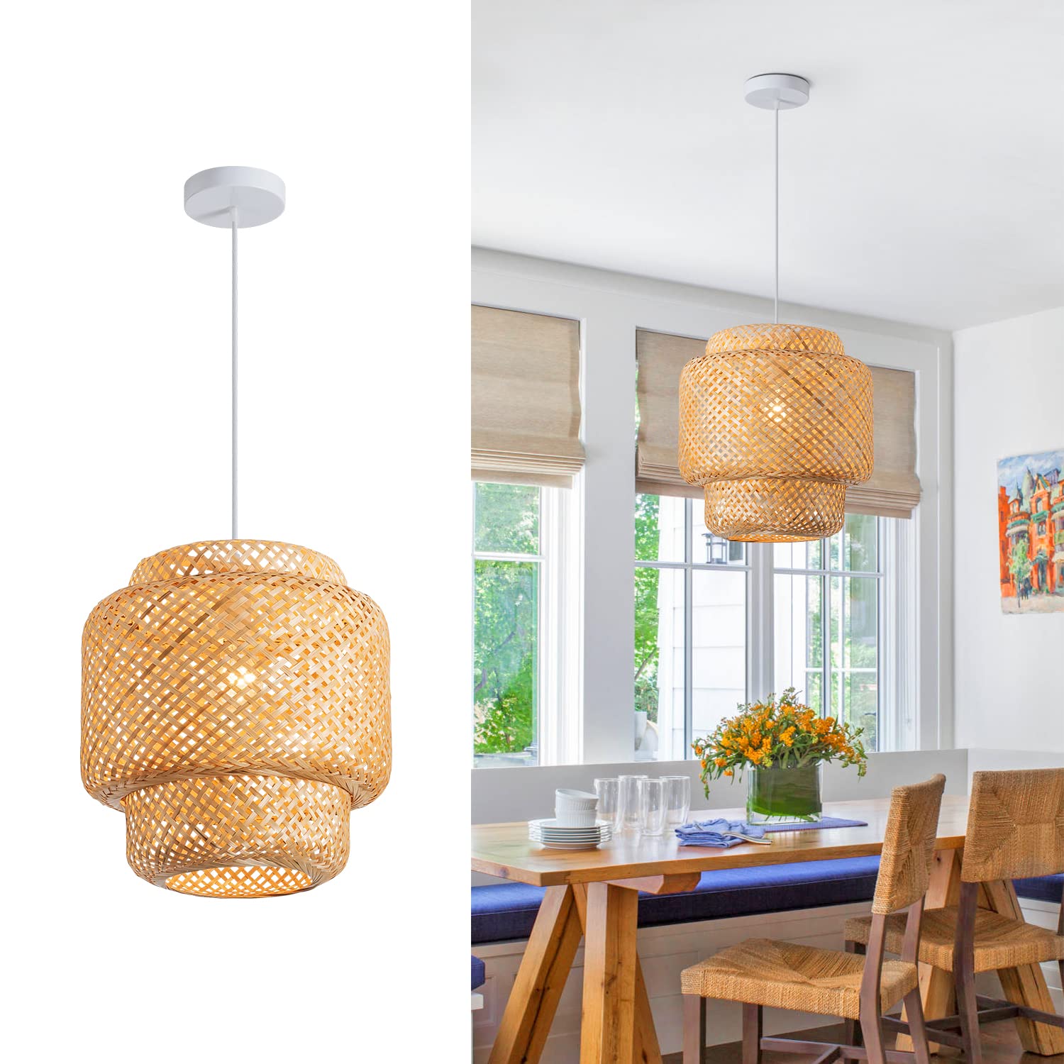 Natural Bamboo Pendant Light - Hand-Woven Rattan Chandelier, Wicker Hanging Lamp for Kitchen, Living Room & Coffee Shop (13.8 inch Birdcage Design) | Eco-Friendly Lighting Fixture for Boho Home Decor & Restaurant Ambiance