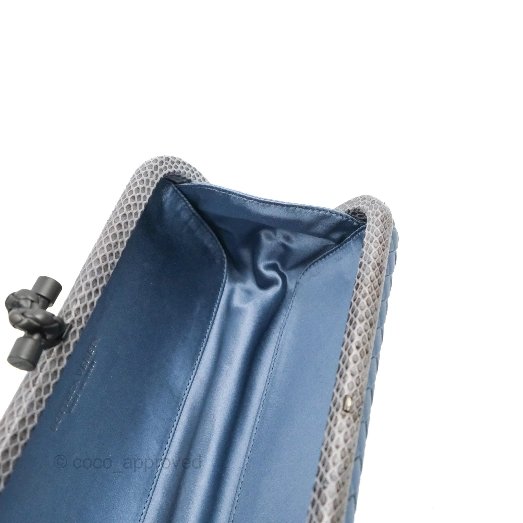 Bottega Veneta Ayers Satin Intreccio Stretch Knot Clutch Bag in Navy Blue | Luxury Evening Clutch for Women | Perfect for Parties, Weddings & Special Occasions