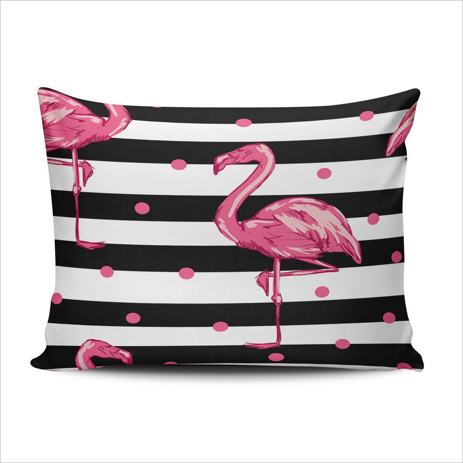 Pink Flamingo on Black & White Stripes Throw Pillow Cover - 12x20 Inches Single-Sided Decorative Lumbar Pillow Case for Sofa, Bed, Couch - Perfect for Living Room, Bedroom & Home Decor (Set of 1)