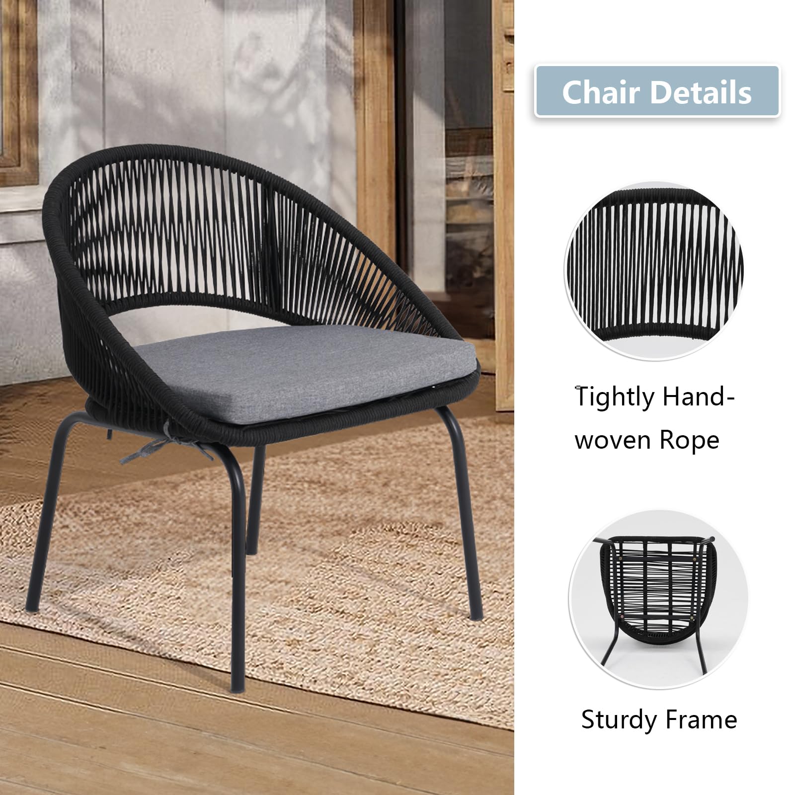 Yangming 3-Piece Outdoor Patio Furniture Set - Woven Rope Bistro Chairs with Wood Coffee Table for Garden, Backyard, Deck, Poolside & Balcony | Perfect for Relaxing, Entertaining & Outdoor Dining