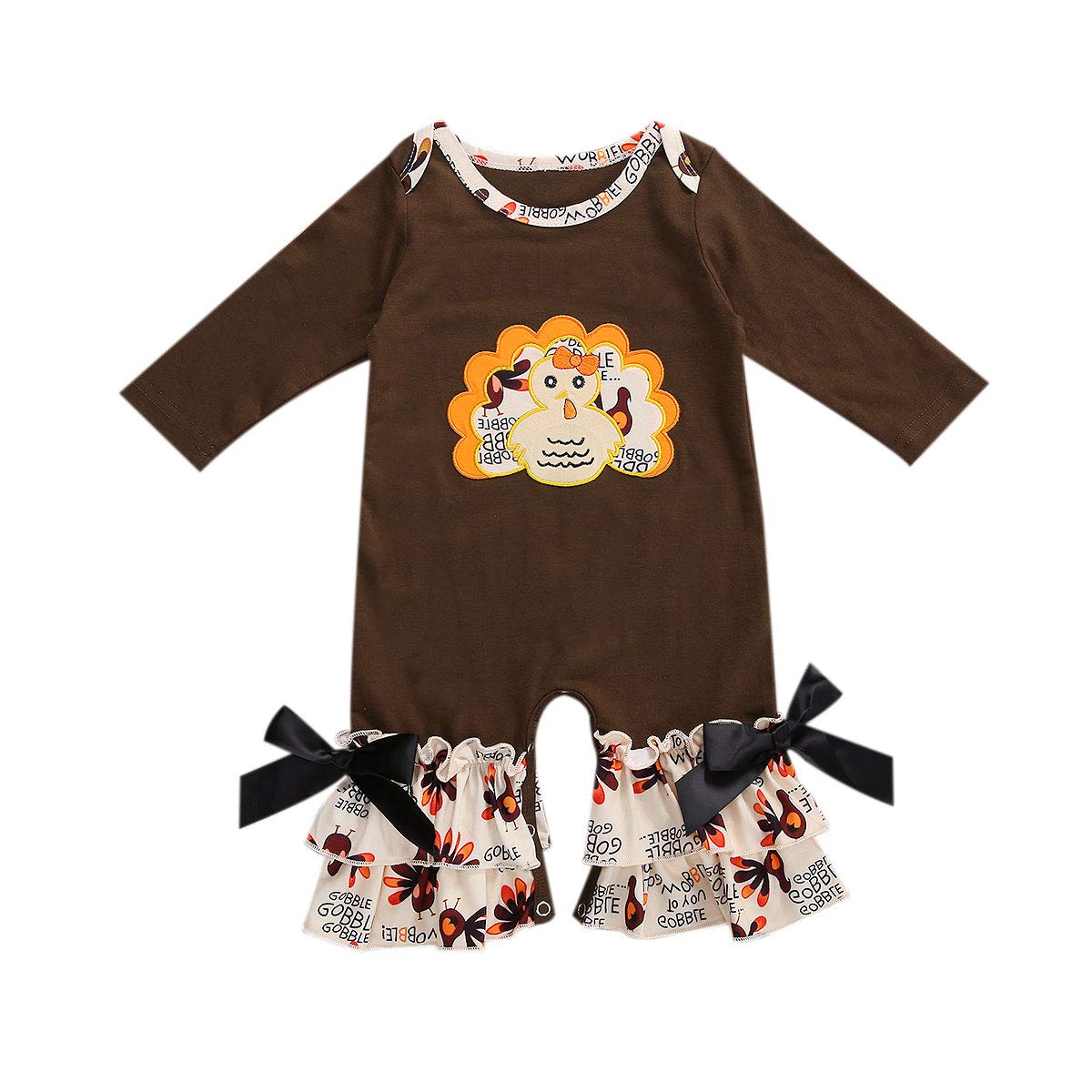 FIOMVA Newborn Baby Girl Thanksgiving Outfit - Ruffle Long Sleeve Romper Bodysuit with Turkey Print, One-Piece Jumpsuit for Holiday Photos & Family Gatherings