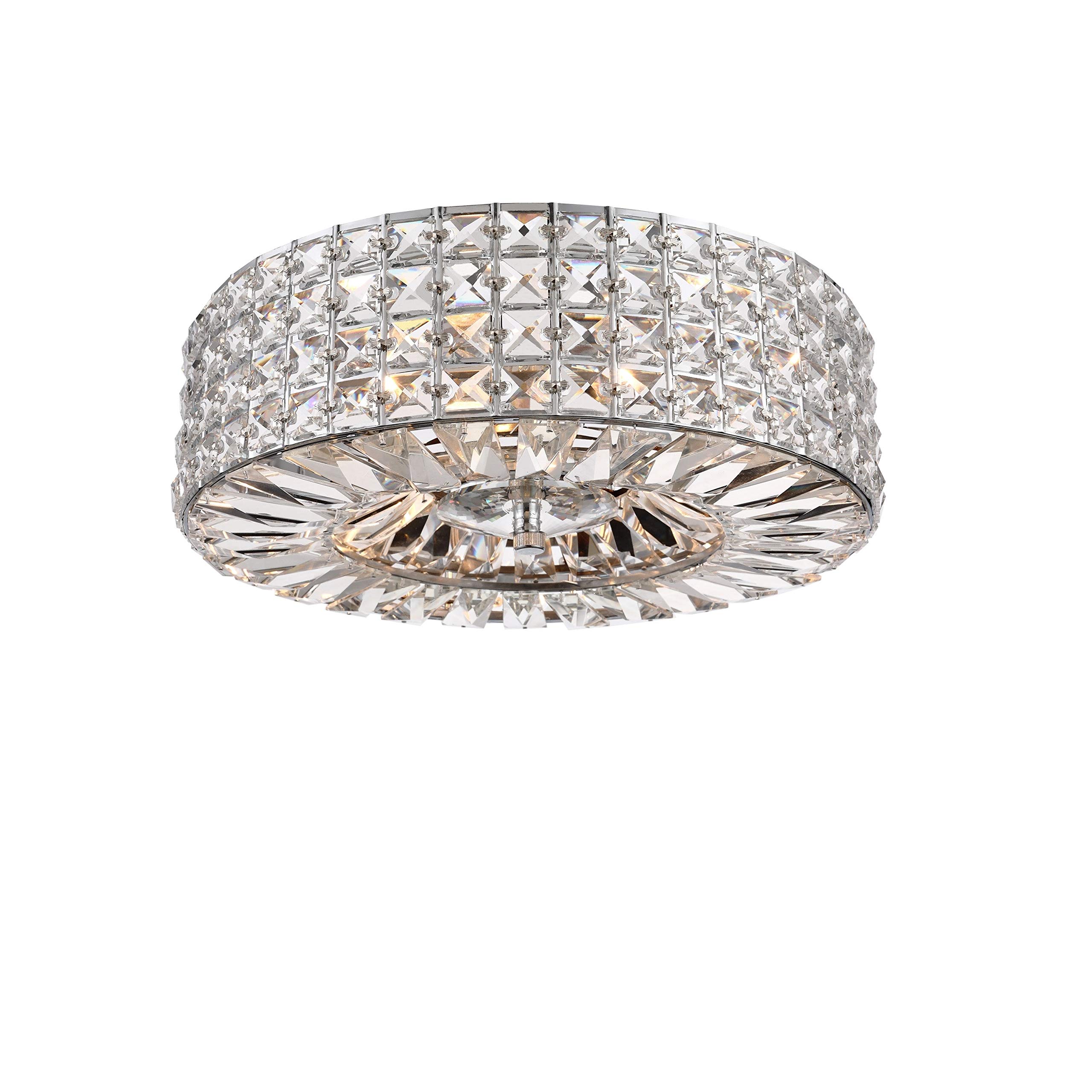 Modern Chrome Finish 3-Light Crystal & Prism Round Flush Mount Ceiling Light - Clear Contemporary Iron Fixture for Dining Room, Bedroom or Hallway Lighting