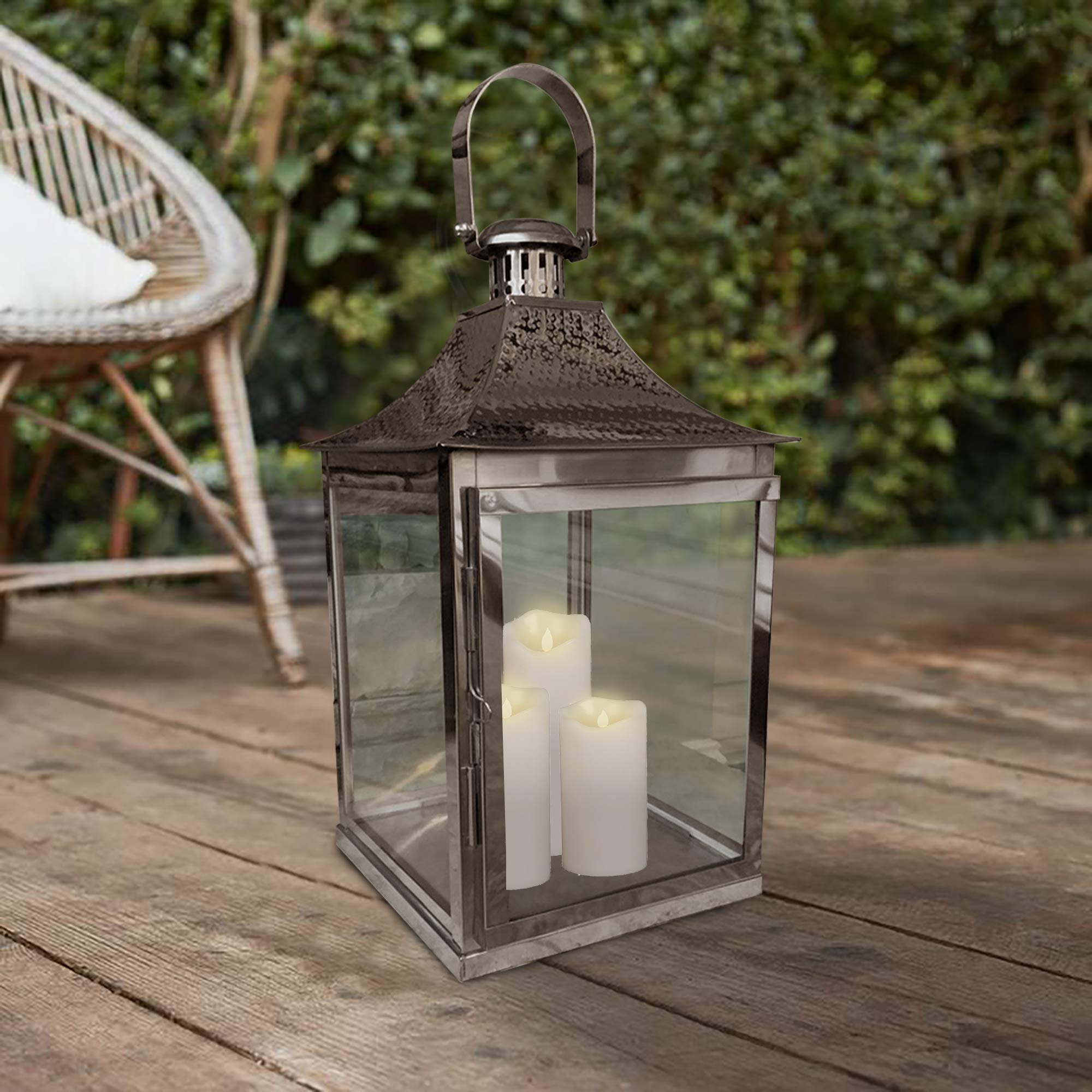 Decozen Large Glass Candle Lantern Stand in Antique Brass Finish - Rustic Farmhouse Decor for Home, Patio, Dining, Living Room, Bedroom & Office | Perfect for Wedding Centerpieces, Console Table Decor and Cozy Ambiance