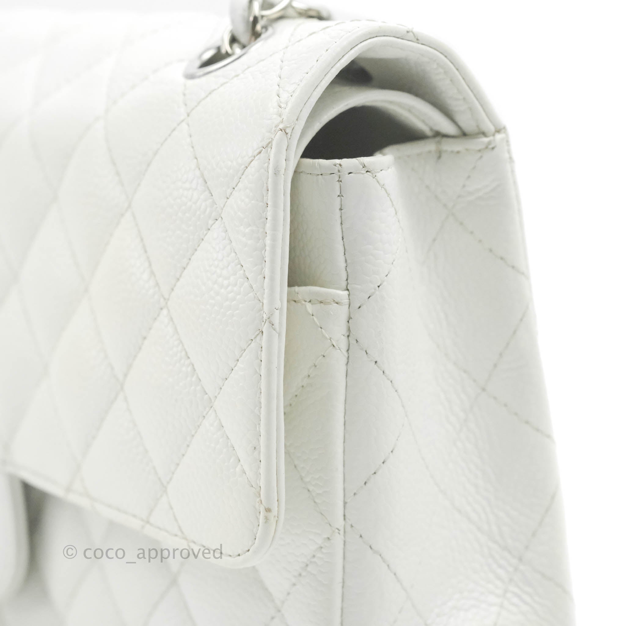 Chanel Classic M/L Medium Double Flap Bag in White Caviar Leather with Silver Hardware - Perfect for Luxury Fashion, Evening Events & Designer Handbag Collection