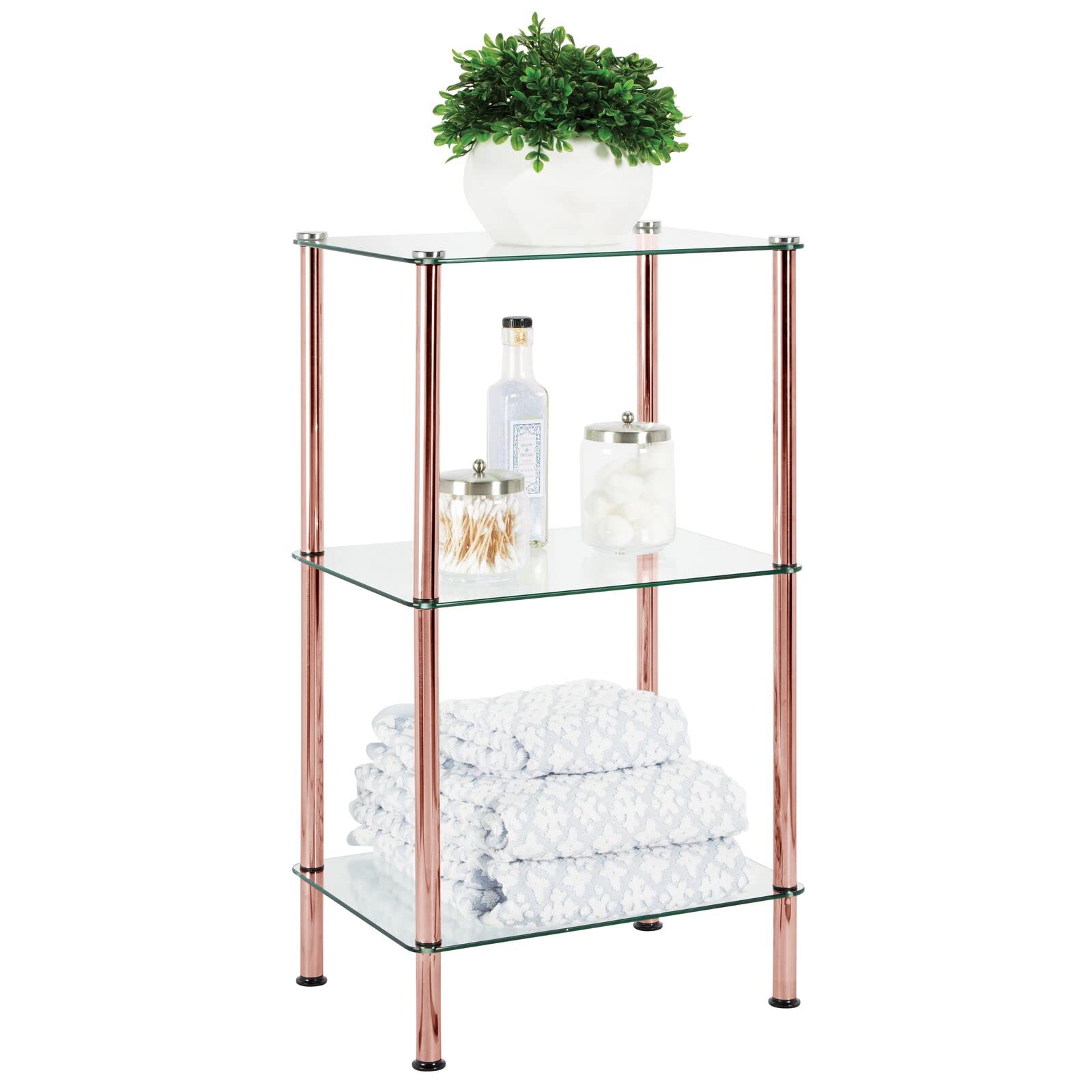 mDesign 3-Tier Metal and Glass Storage Shelf - Narrow Space-Saving Display Organizer with Open Glass Shelves for Living Room, Bathroom, Office, Bedroom - Clear/Rose Gold | Perfect for Small Spaces, Home Decor, and Stylish Organization