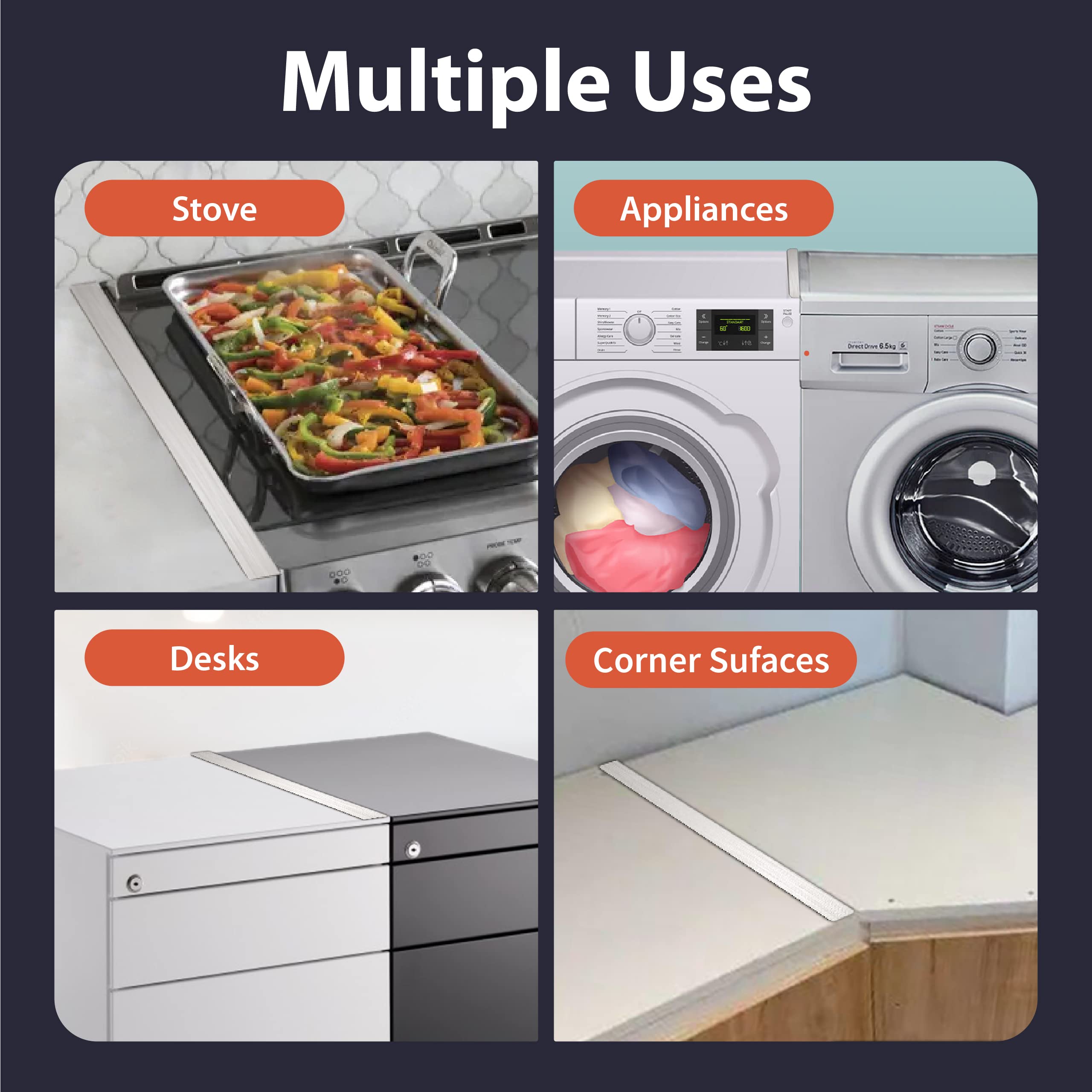 IIIOIIIA Upgraded 'L' Shape Kitchen Stove Counter Gap Cover (2 Pack) - 25.5 Inch Stainless Steel Stove Gap Filler for Spill Protection - Wide & Long Design for Secure Fit Between Stove and Countertop - Perfect for Kitchen Safety and Easy Cleaning (Silver)