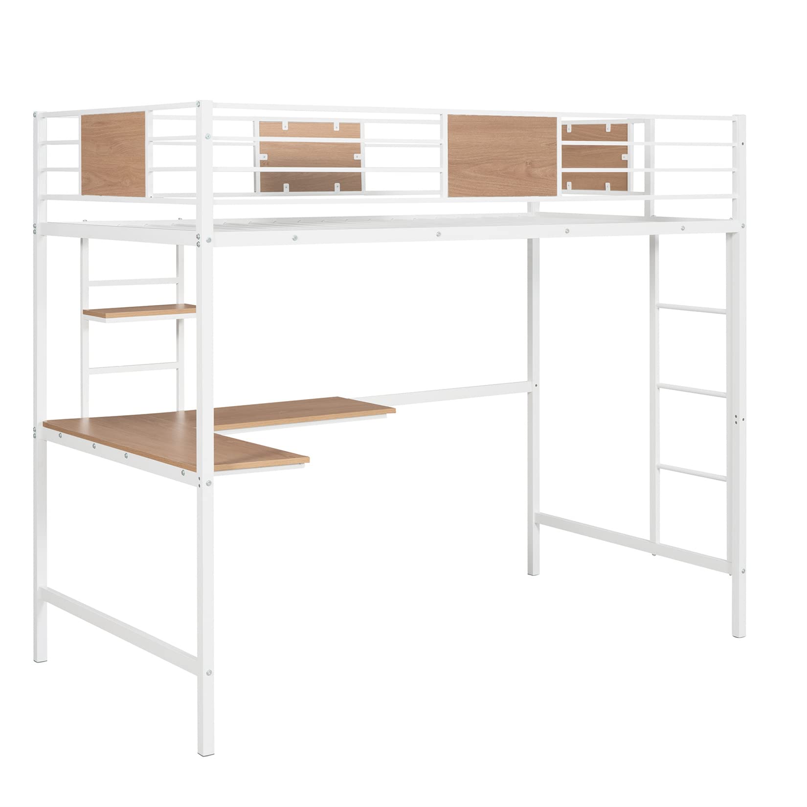 **White Twin Loft Bed with Desk & Bookcase - Metal Frame Kids Bunk Bed with Ladder & Safety Guard Rail - Perfect for Small Bedrooms, Dorms, or Shared Kids' Rooms**