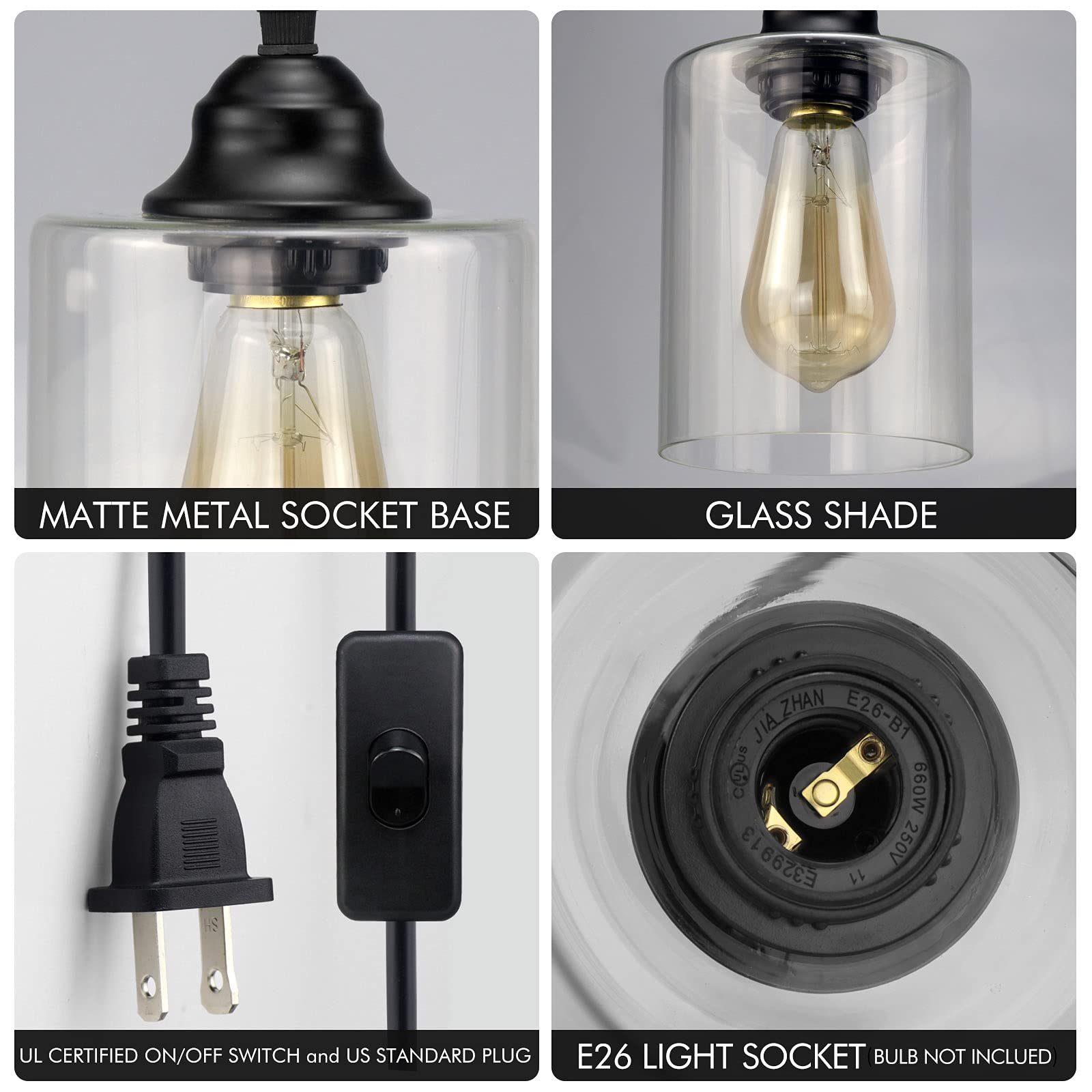 1-Light Plug in Pendant Glass Hanging Light - Industrial Mini Pendant Lighting with Glass Shade - Adjustable Farmhouse Hanging Lamp with Plug in Cord - Black Pendant Lighting for Kitchen Island, Dining Room, Bar Counter & Bedroom